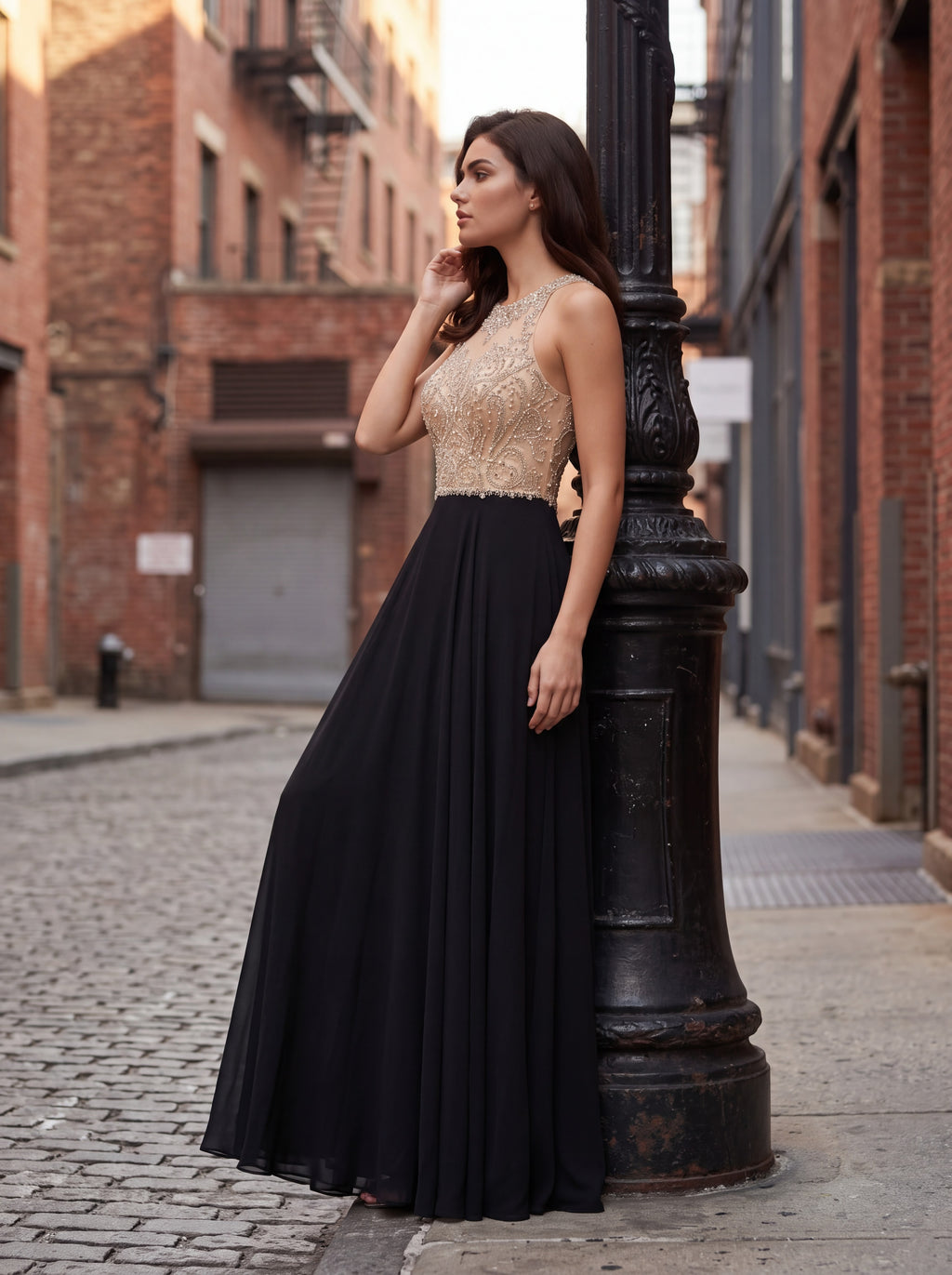 Black & Champagne Embellished Evening Gown