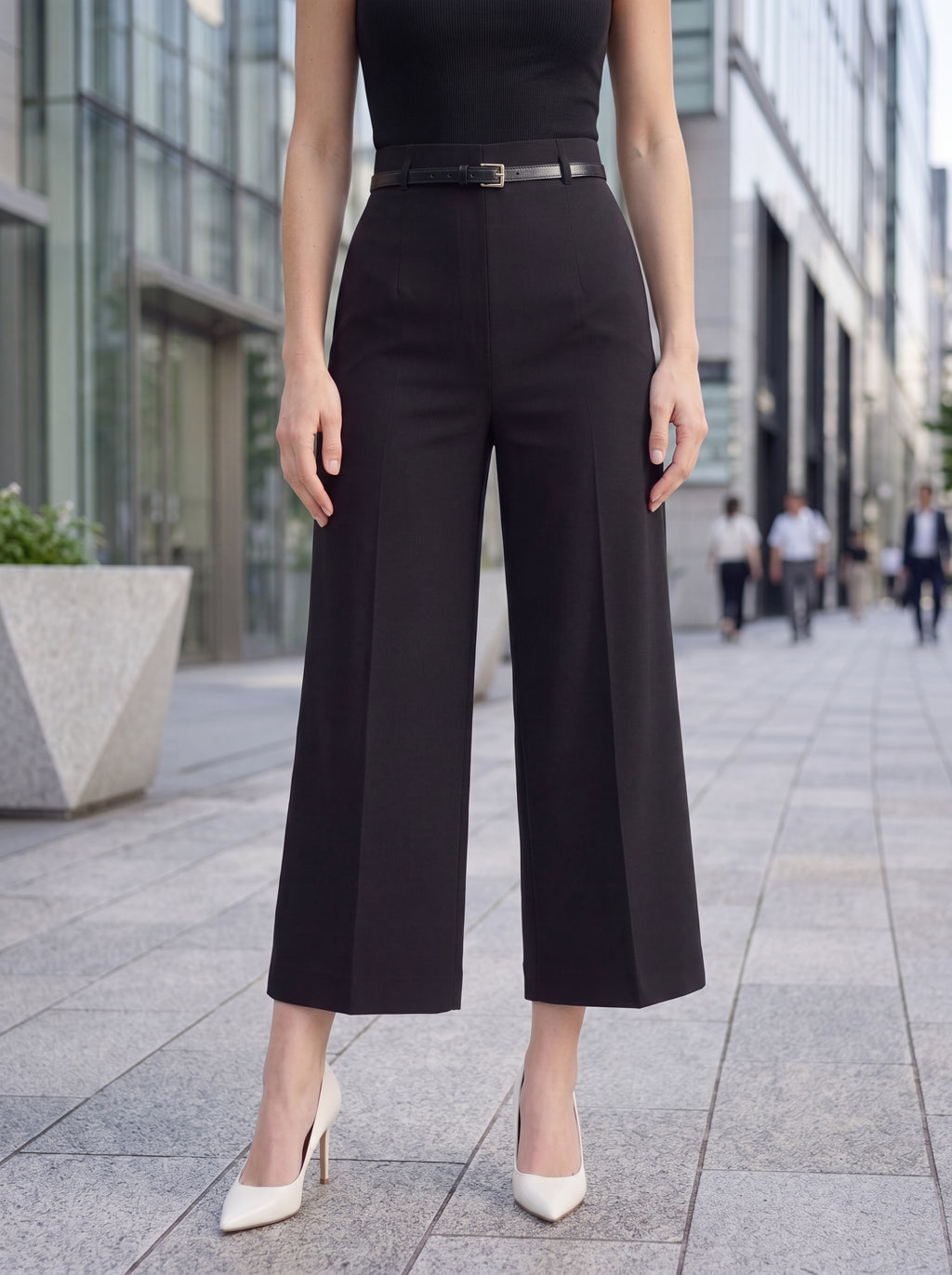 Women's Black High-Waisted Cropped Wide Leg Tailored Pants – Premium European Formal Culottes