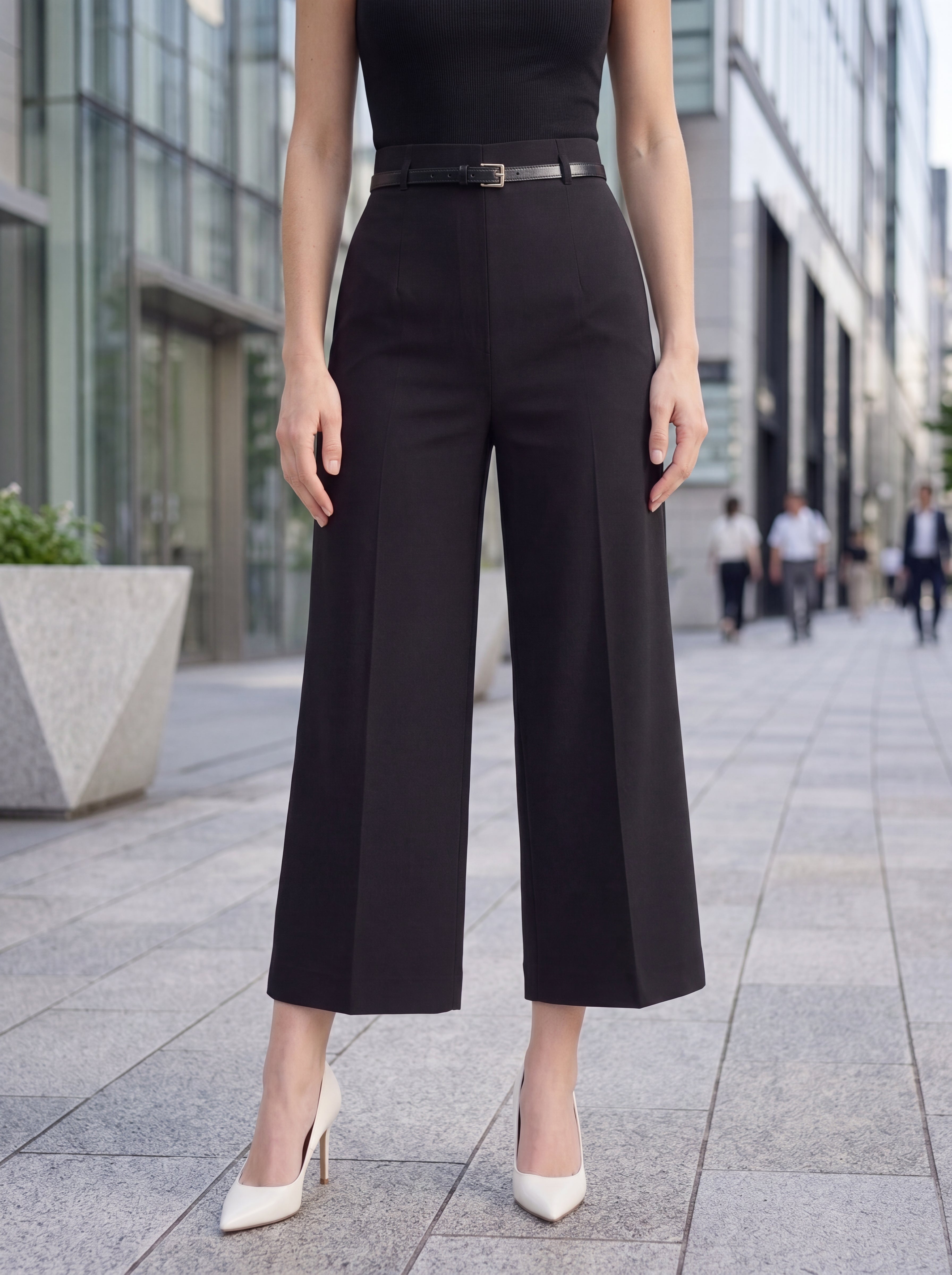 Women's Black High-Waisted Cropped Wide Leg Tailored Pants – Premium European Formal Culottes