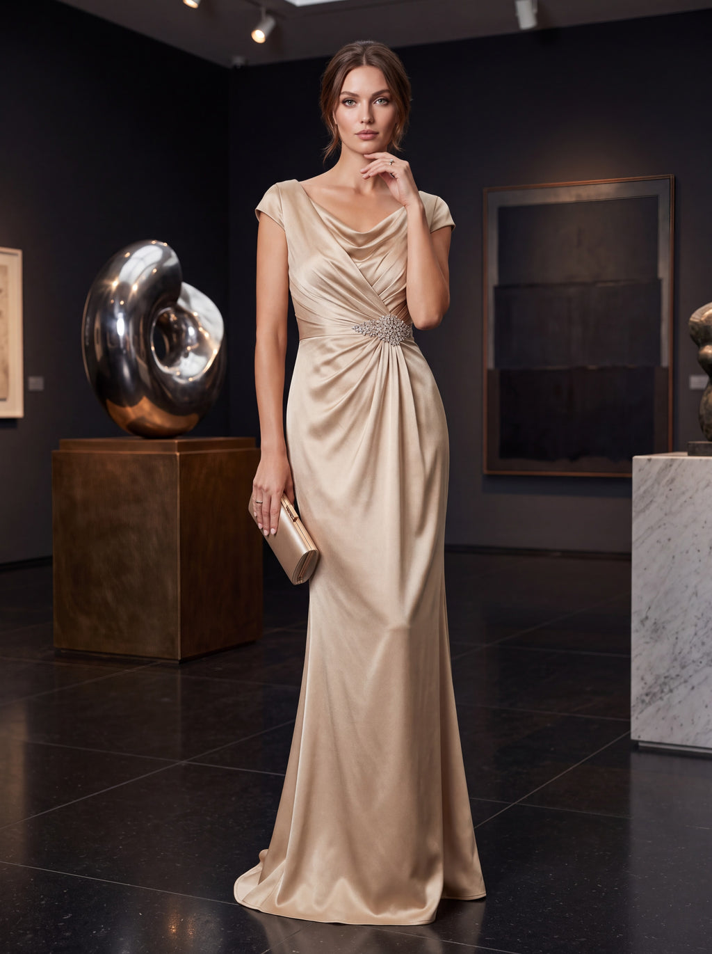 Champagne Satin Draped Evening Gown