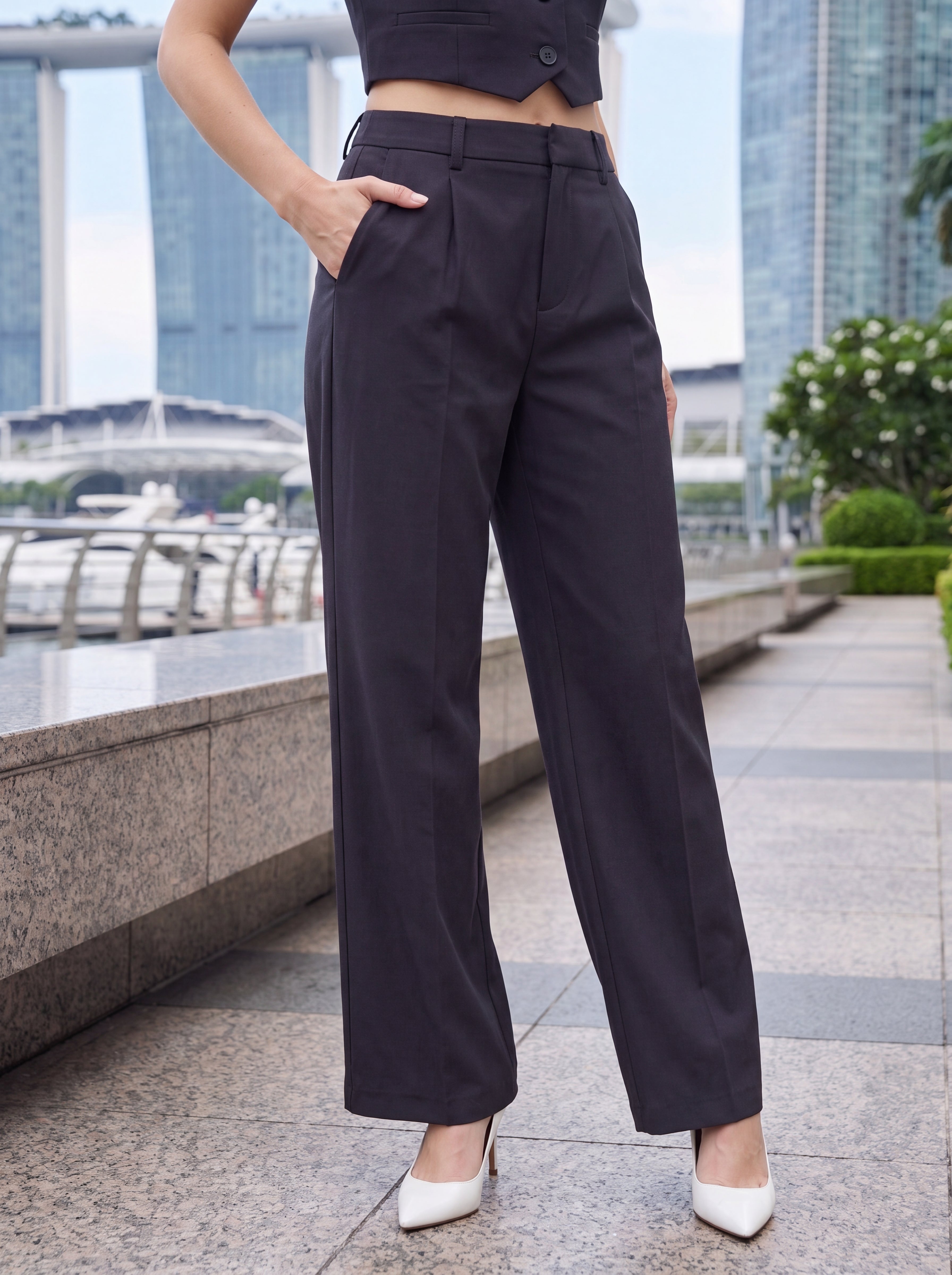 Women's Charcoal High-Waisted Straight-Leg Tailored Trousers – Premium European Formal Office Pants