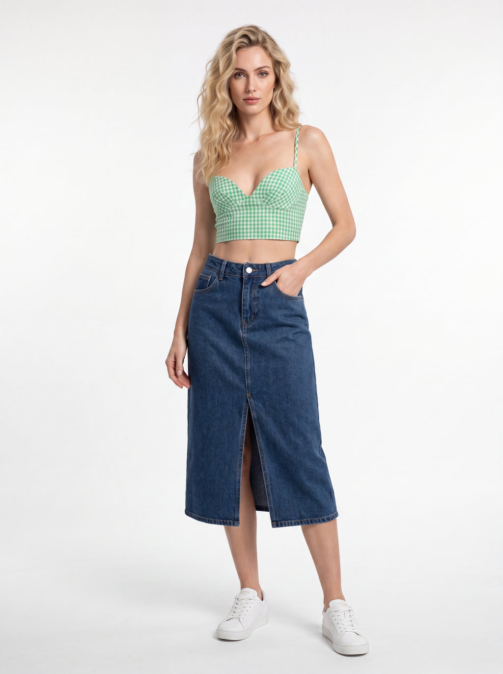 Women's Green Gingham Sweetheart Crop Top | Premium European Summer Strappy Top