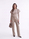 Women's Beige Ruffle Shoulder Long Sleeve Knit Top – Elegant European Statement Top