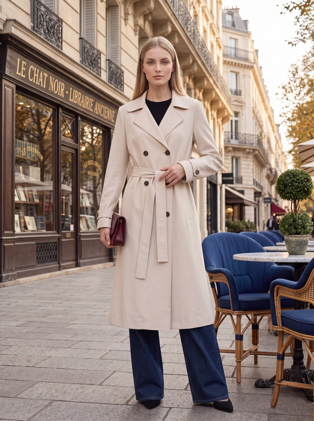 Women's Double-Breasted Belted Trench Blazer – Beige