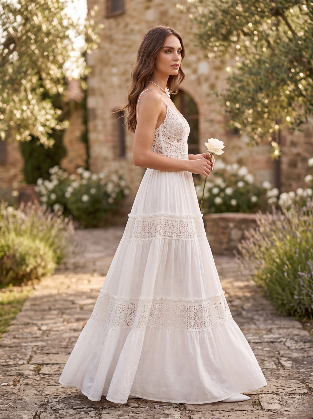 White Lace Tiered Maxi Dress