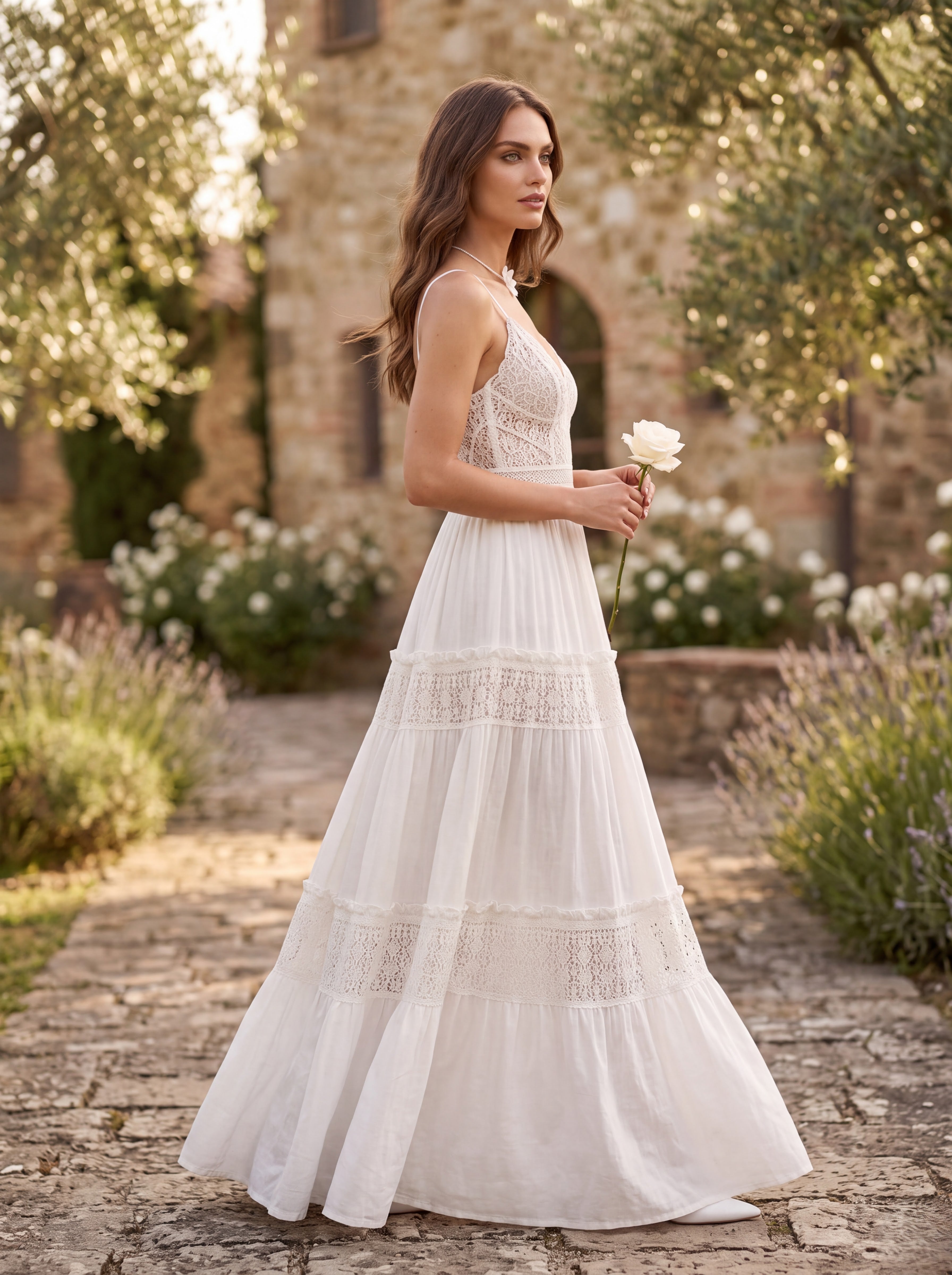 White Lace Tiered Maxi Dress