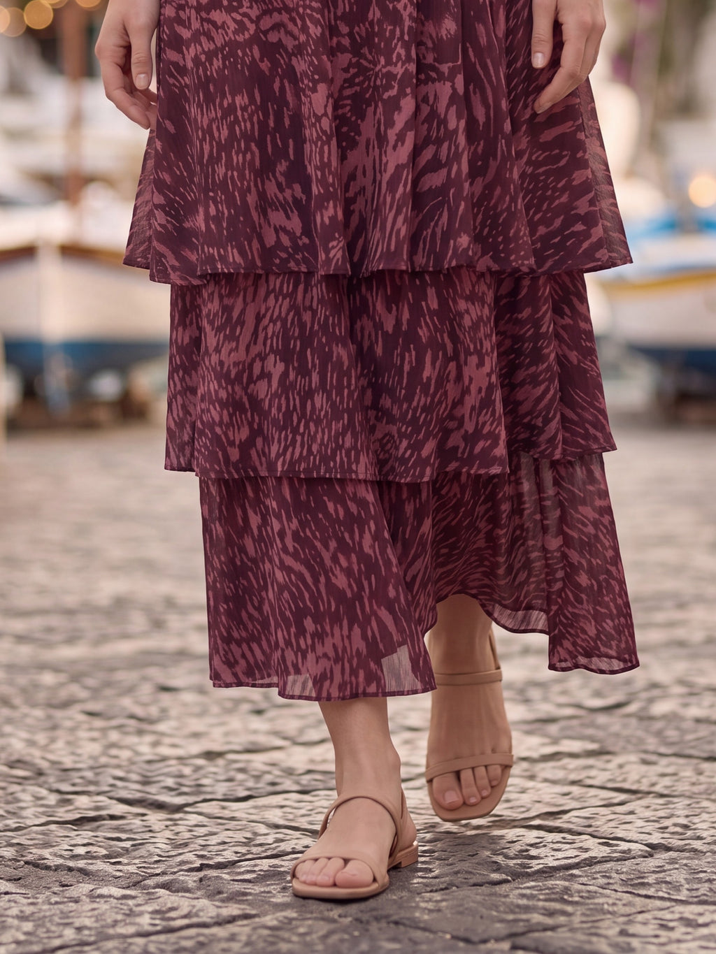 Women's Printed Tiered Sleeveless Midi Dress – Burgundy