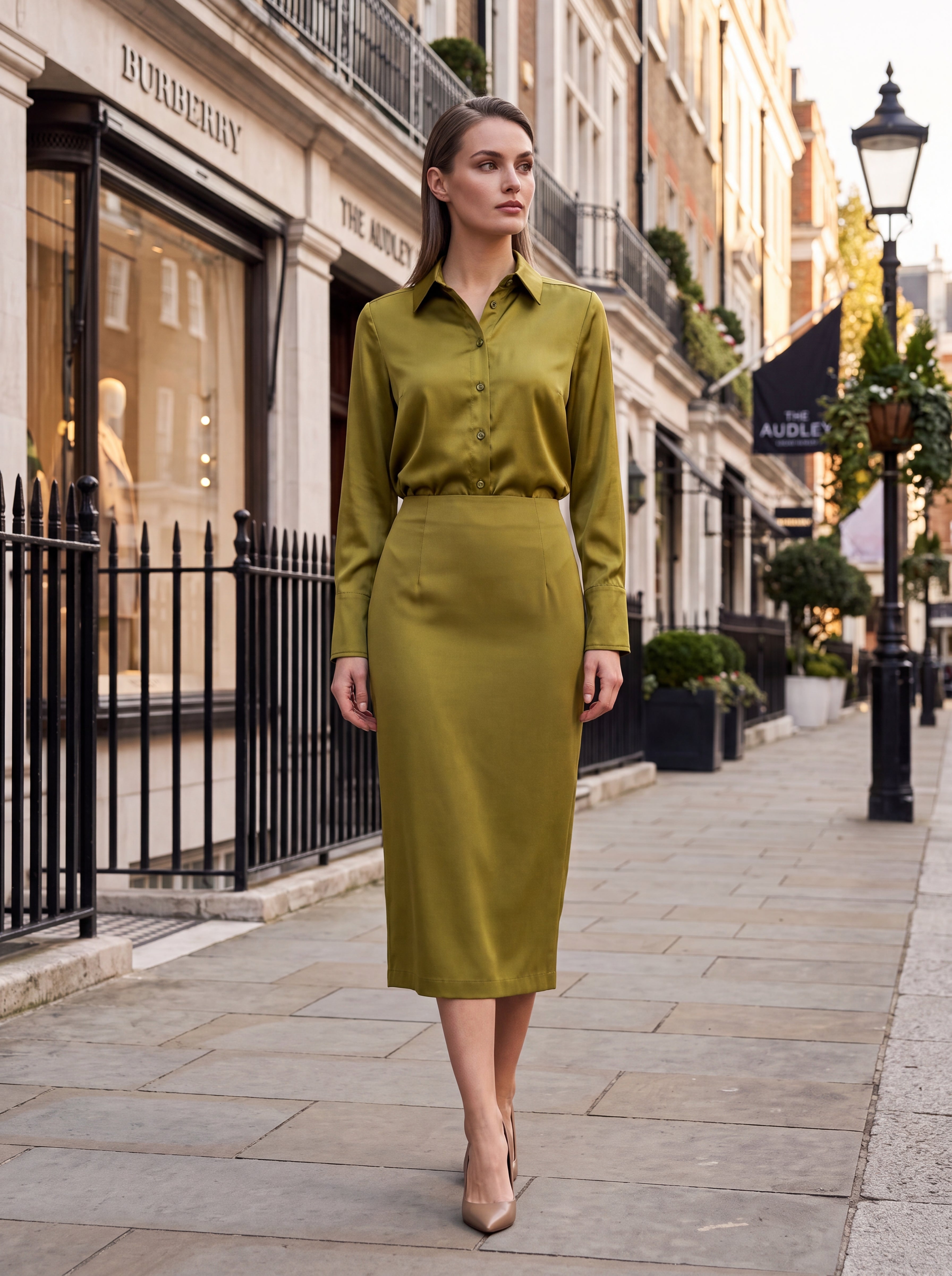 Women's Olive Satin Pencil Midi Skirt