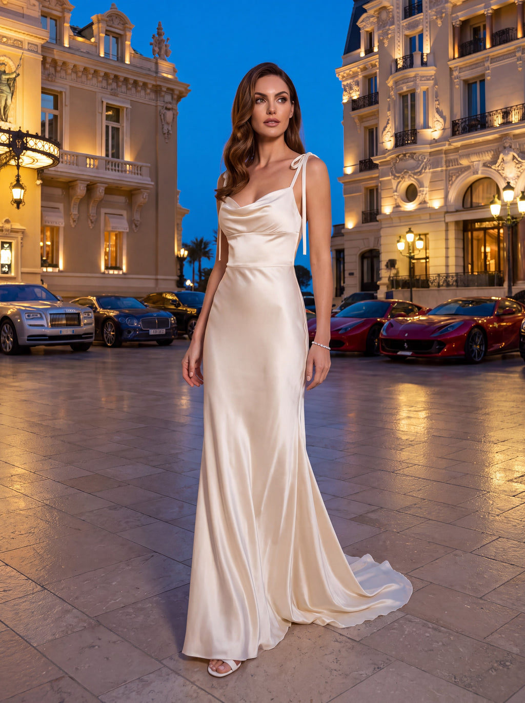 Champagne Satin Cowl Neck Maxi Dress