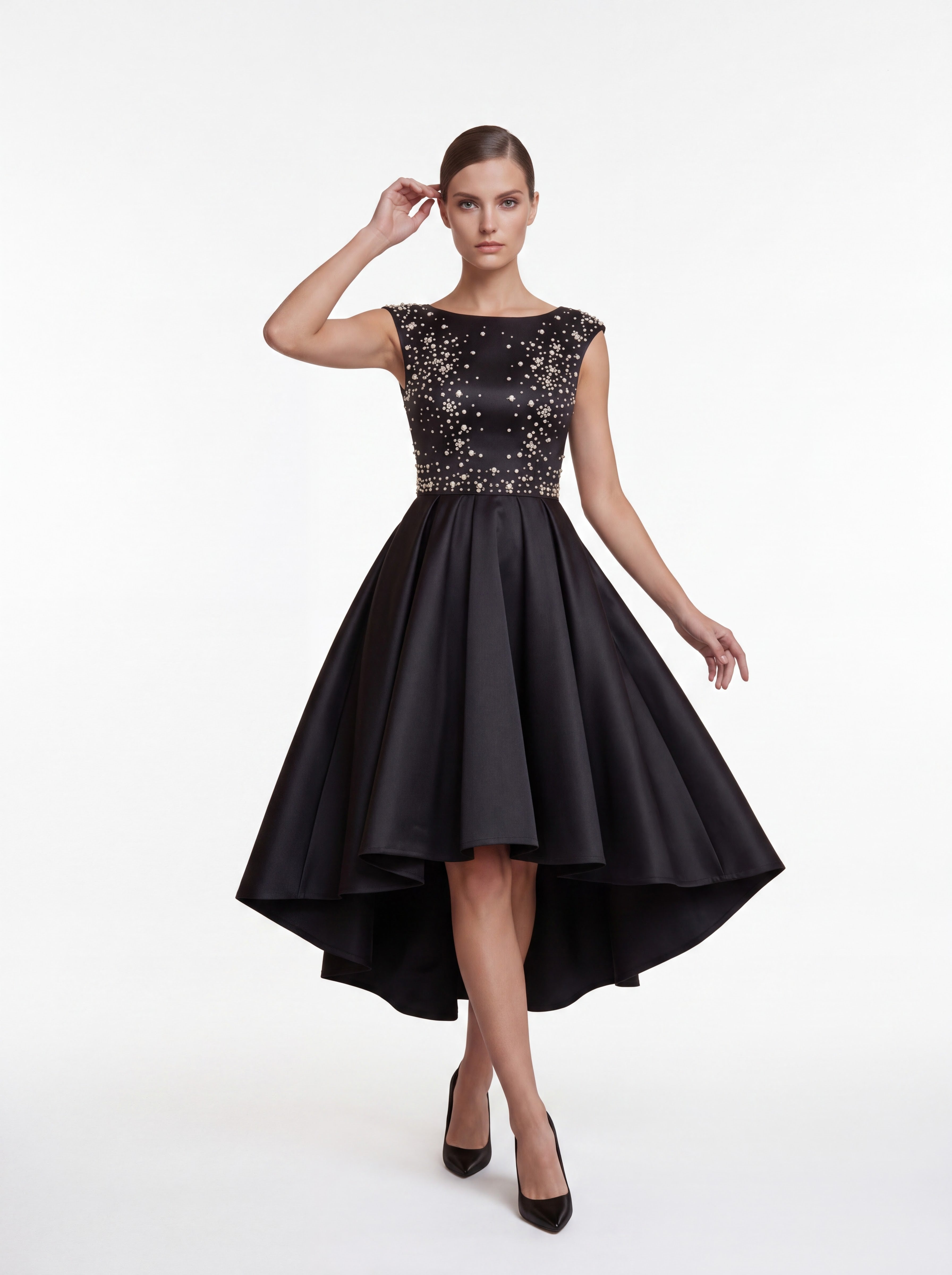 Black Embellished High-Low Satin Dress