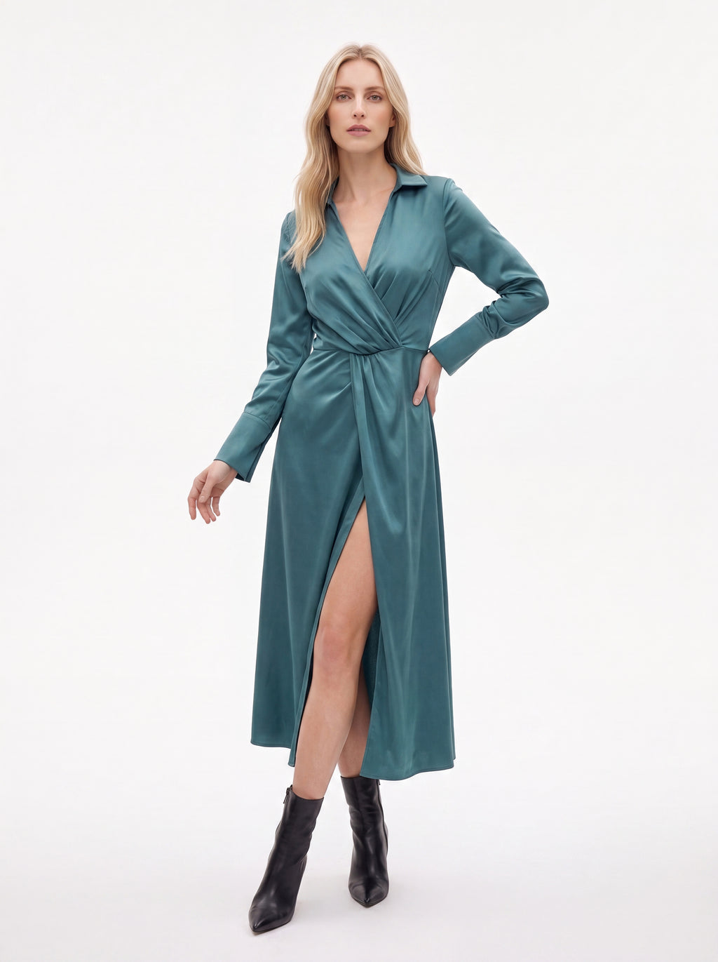 Women's Teal Satin Wrap Midi Dress | Premium European Long Sleeve Dress