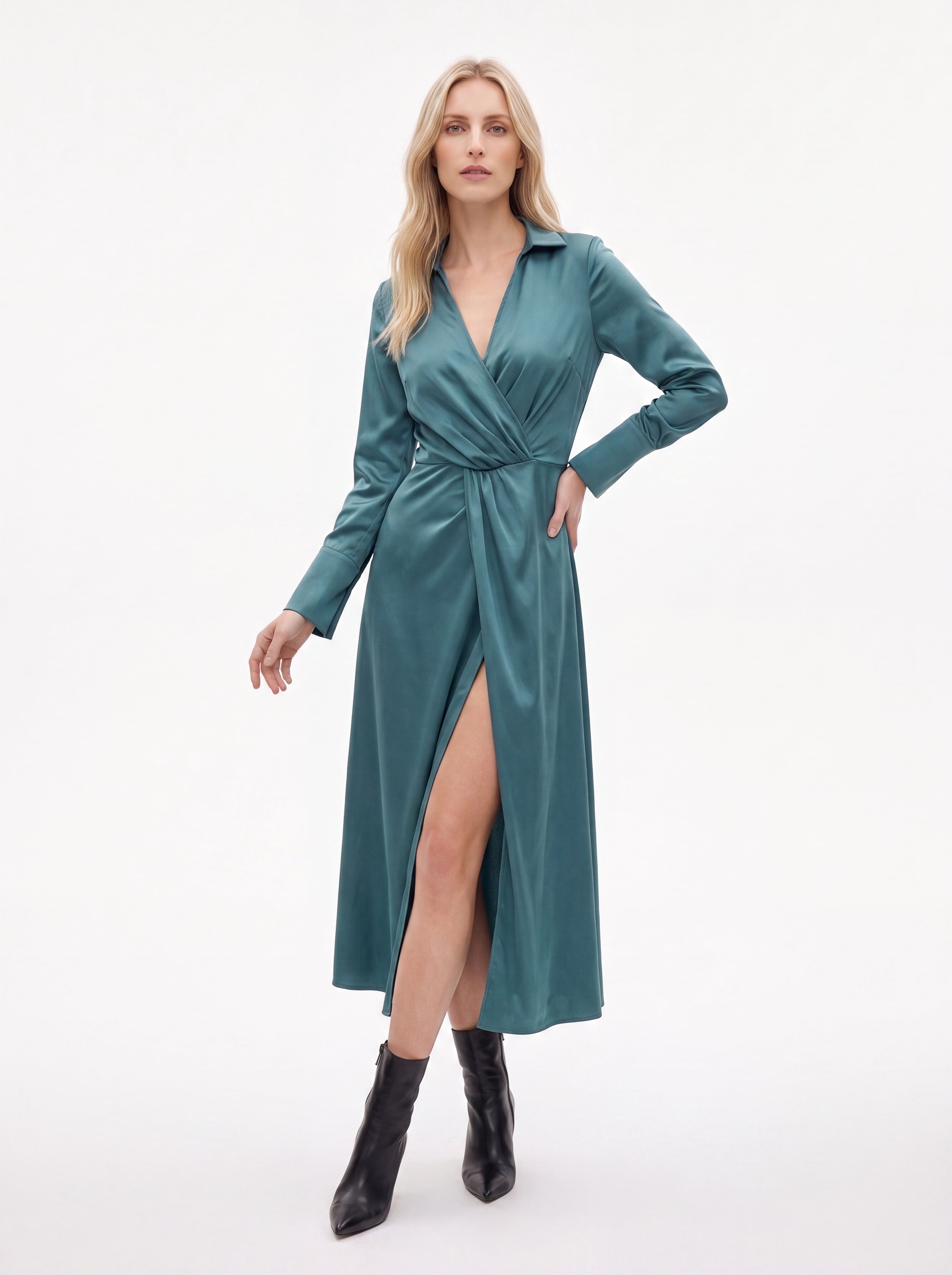 Women's Teal Satin Wrap Midi Dress | Premium European Long Sleeve Dress