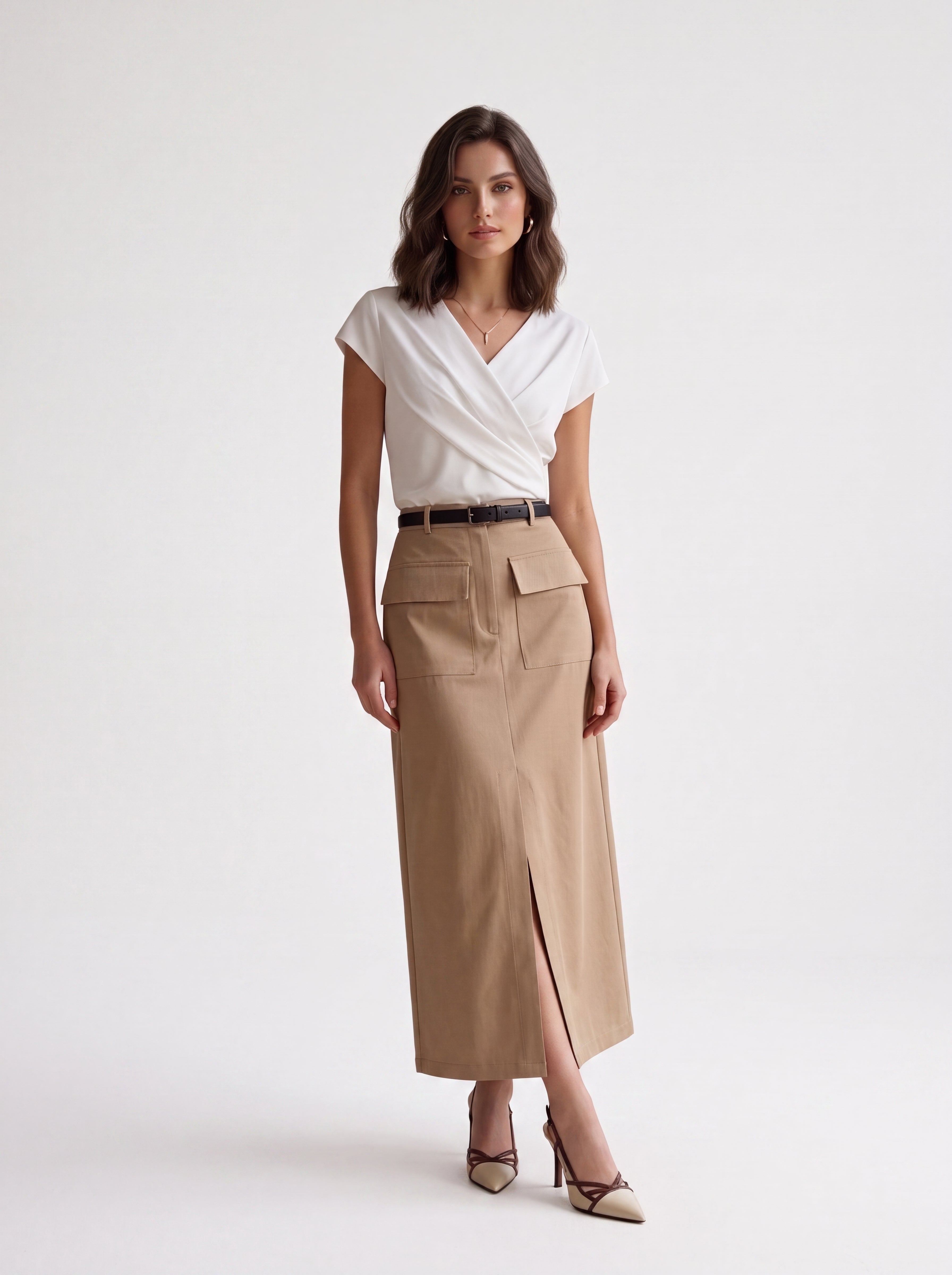 Women's Beige Utility Midi Skirt | Premium European High-Waisted Cargo Skirt