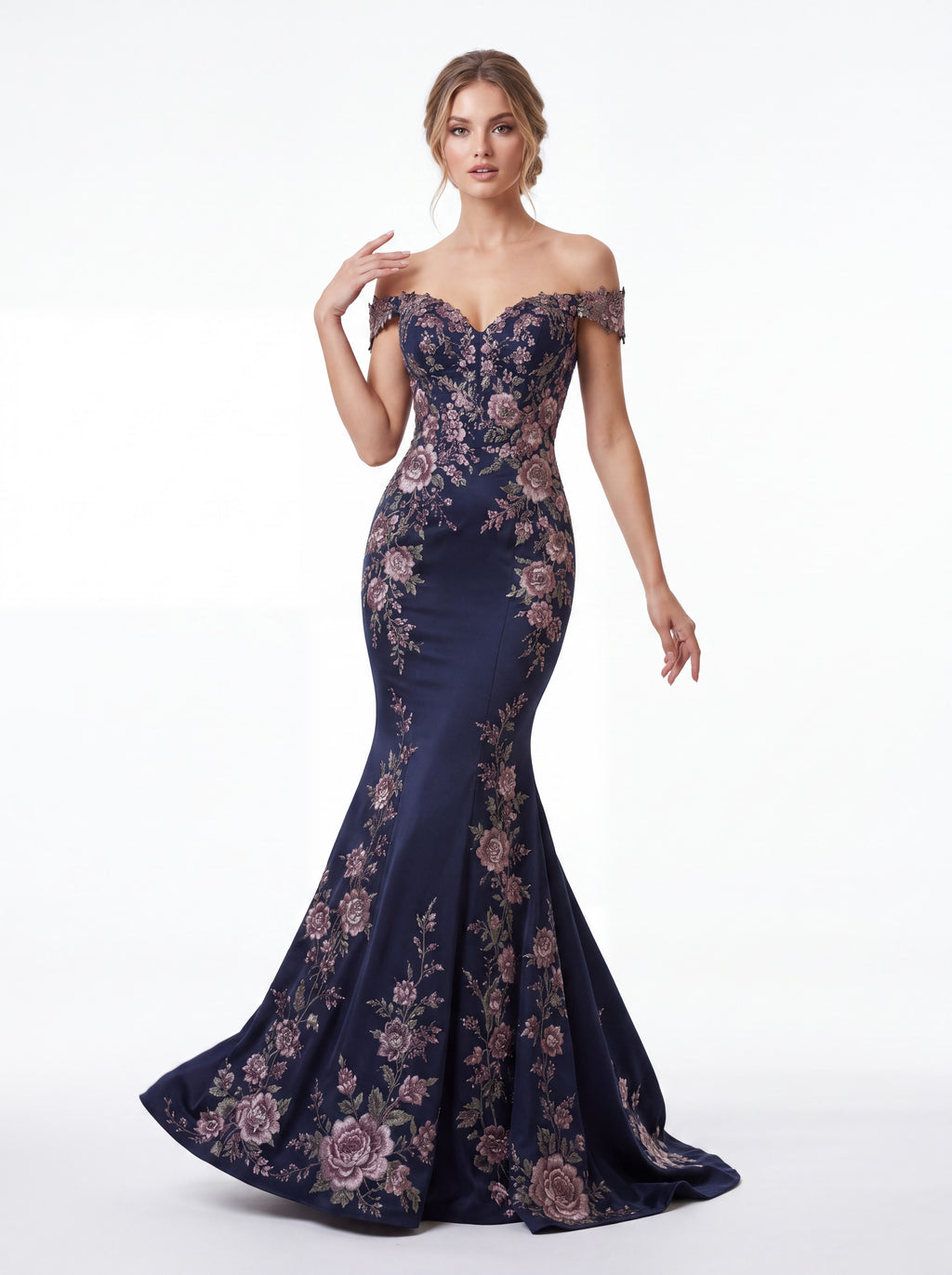 Navy Blue Floral Embroidered Mermaid Evening Gown
