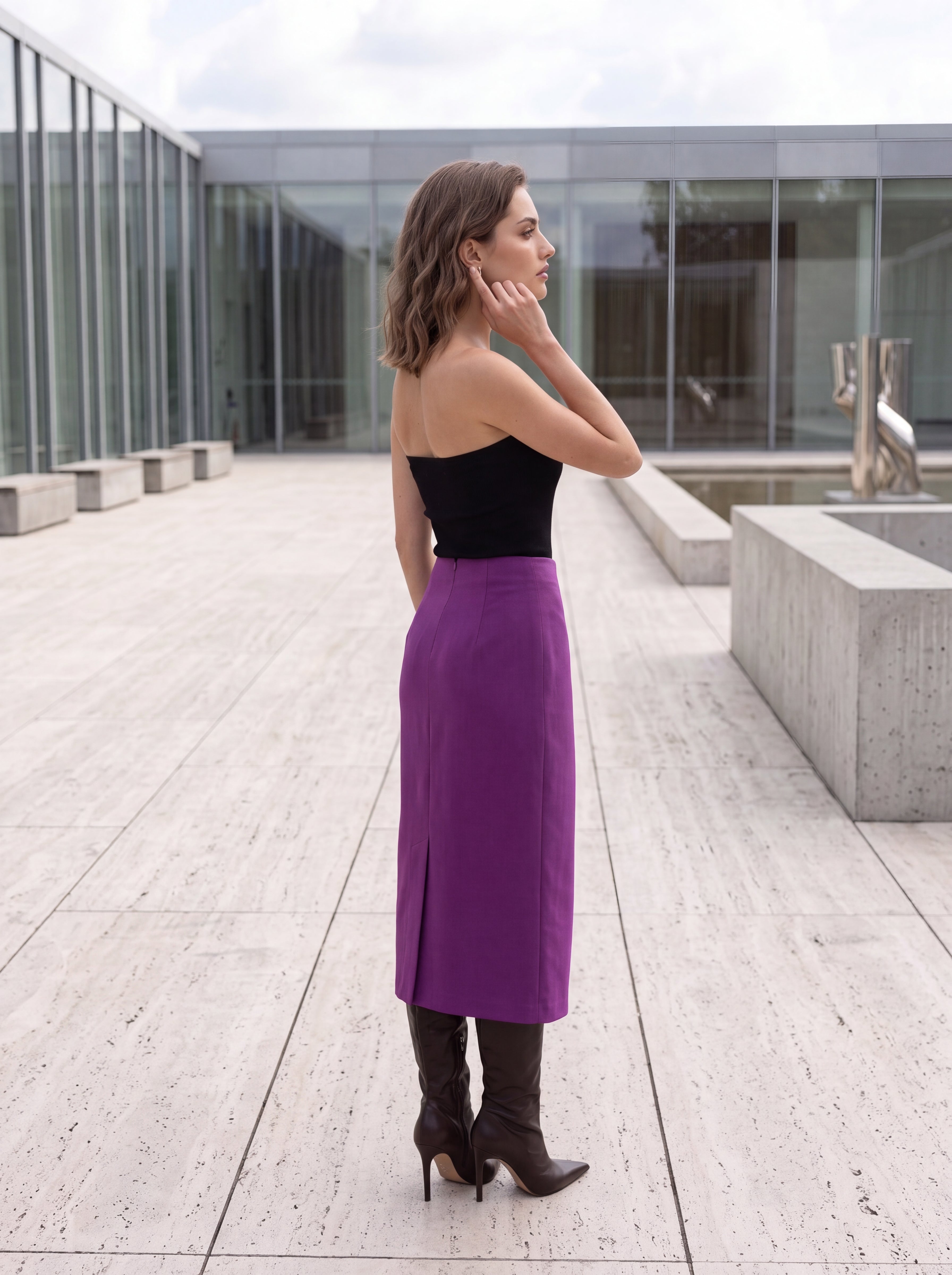 Women's Satin Purple Midi Pencil Skirt