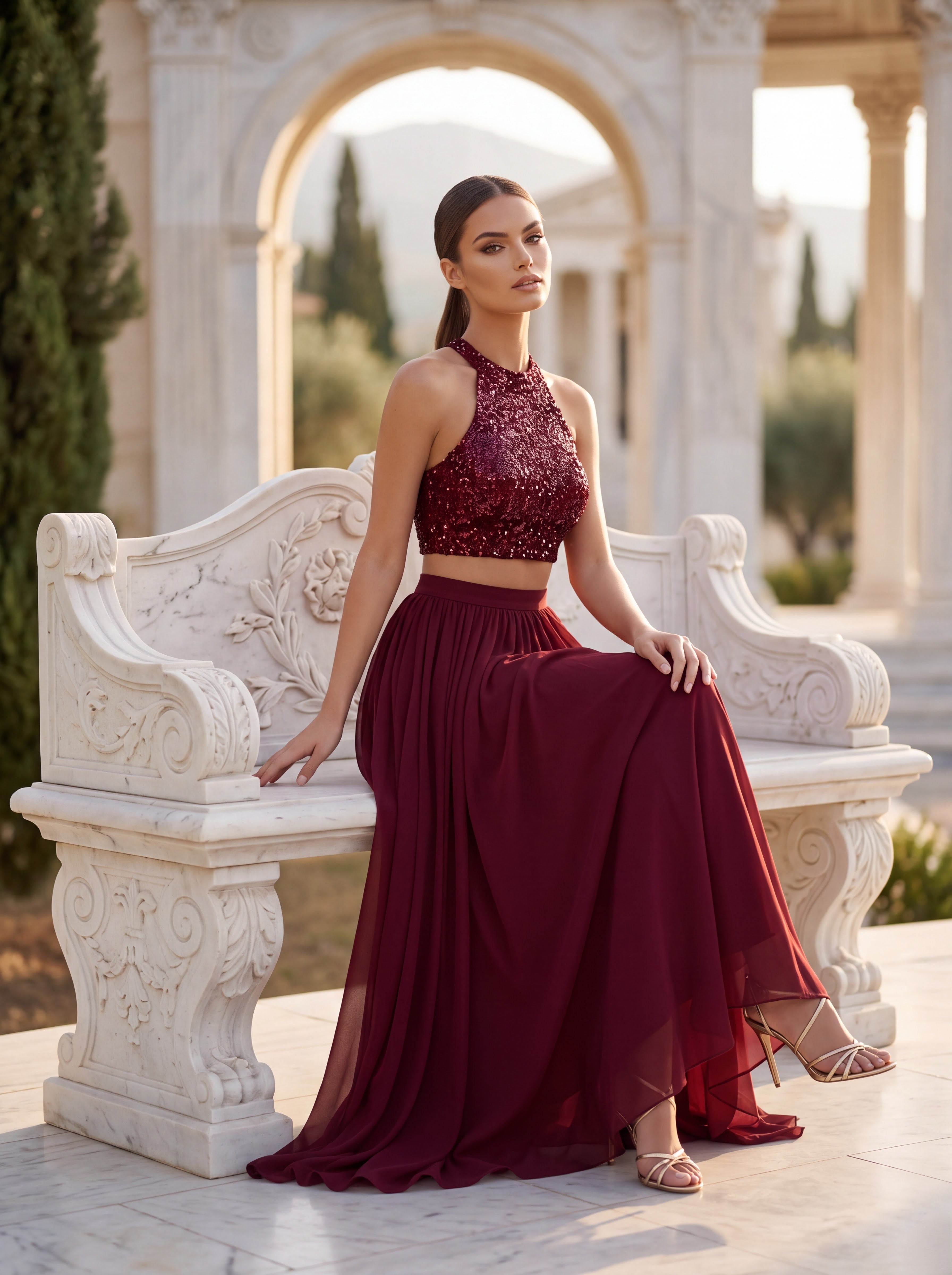 Burgundy Sequin Crop Top & Chiffon Maxi Skirt Set