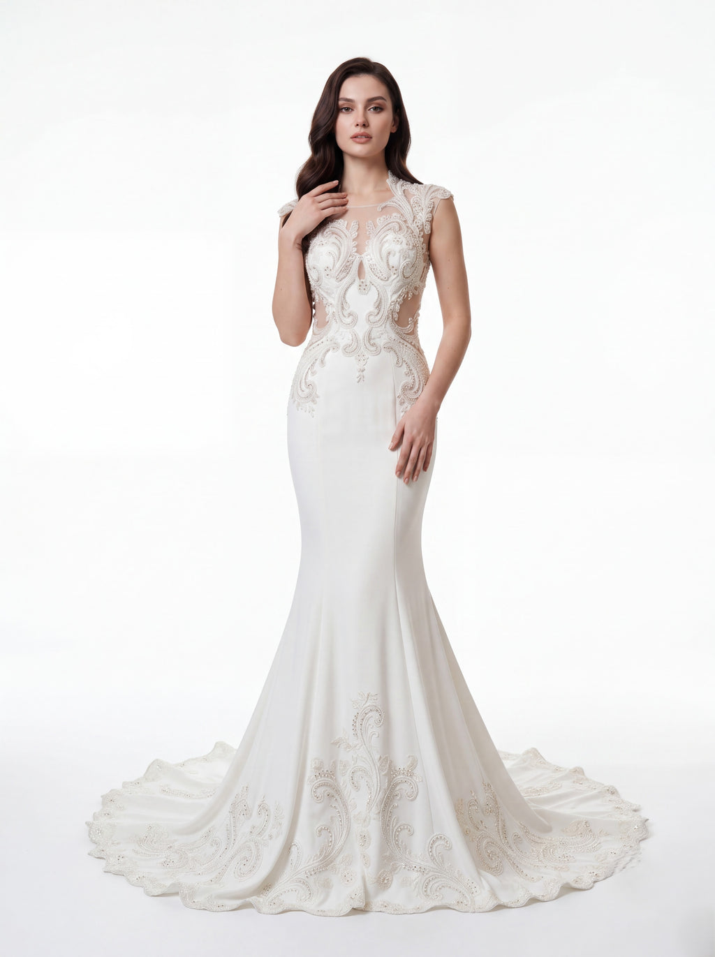 Ivory Embroidered Mermaid Evening Gown