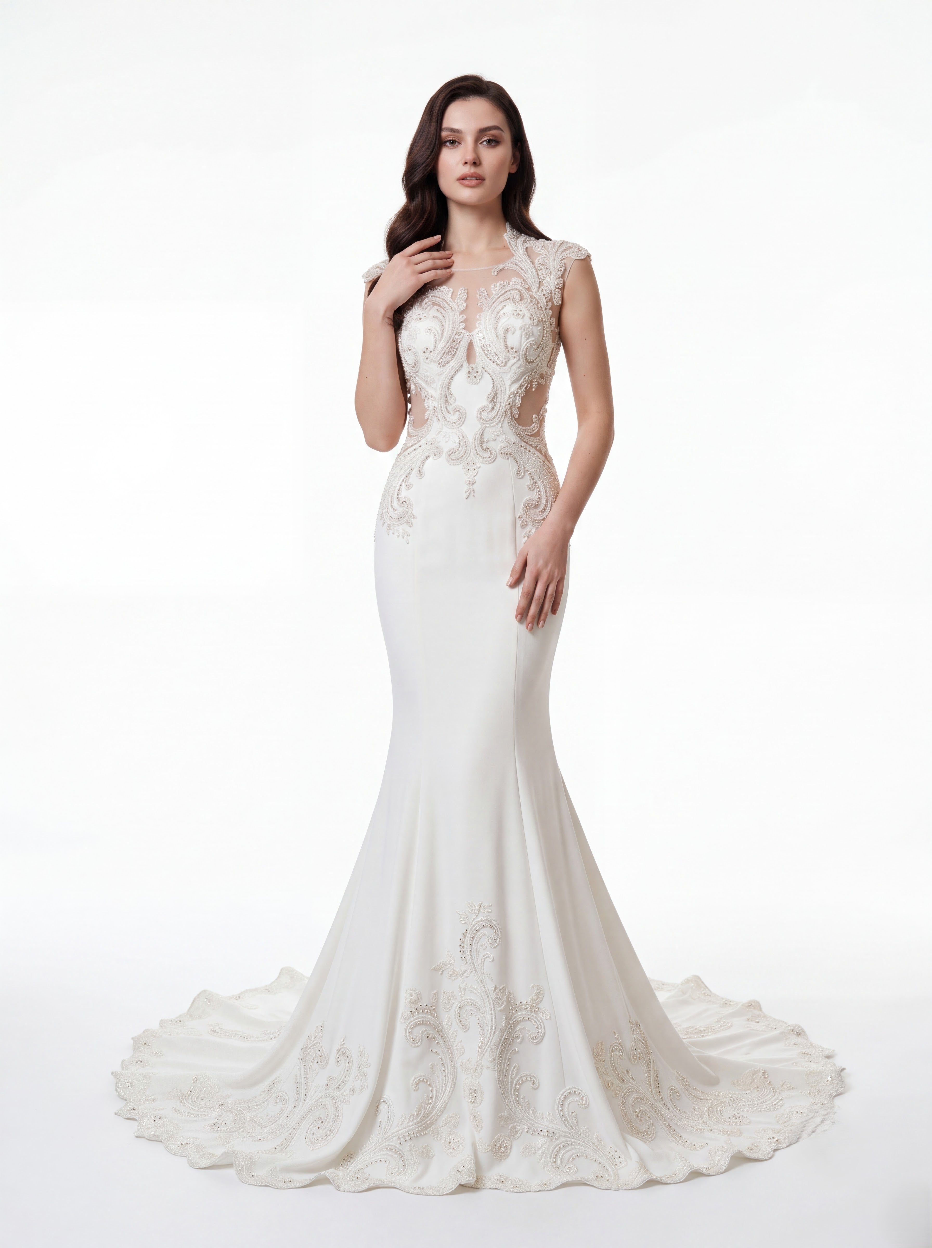 Ivory Embroidered Mermaid Evening Gown