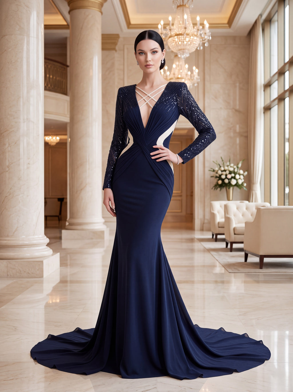 Navy Blue Long Sleeve Mermaid Evening Gown