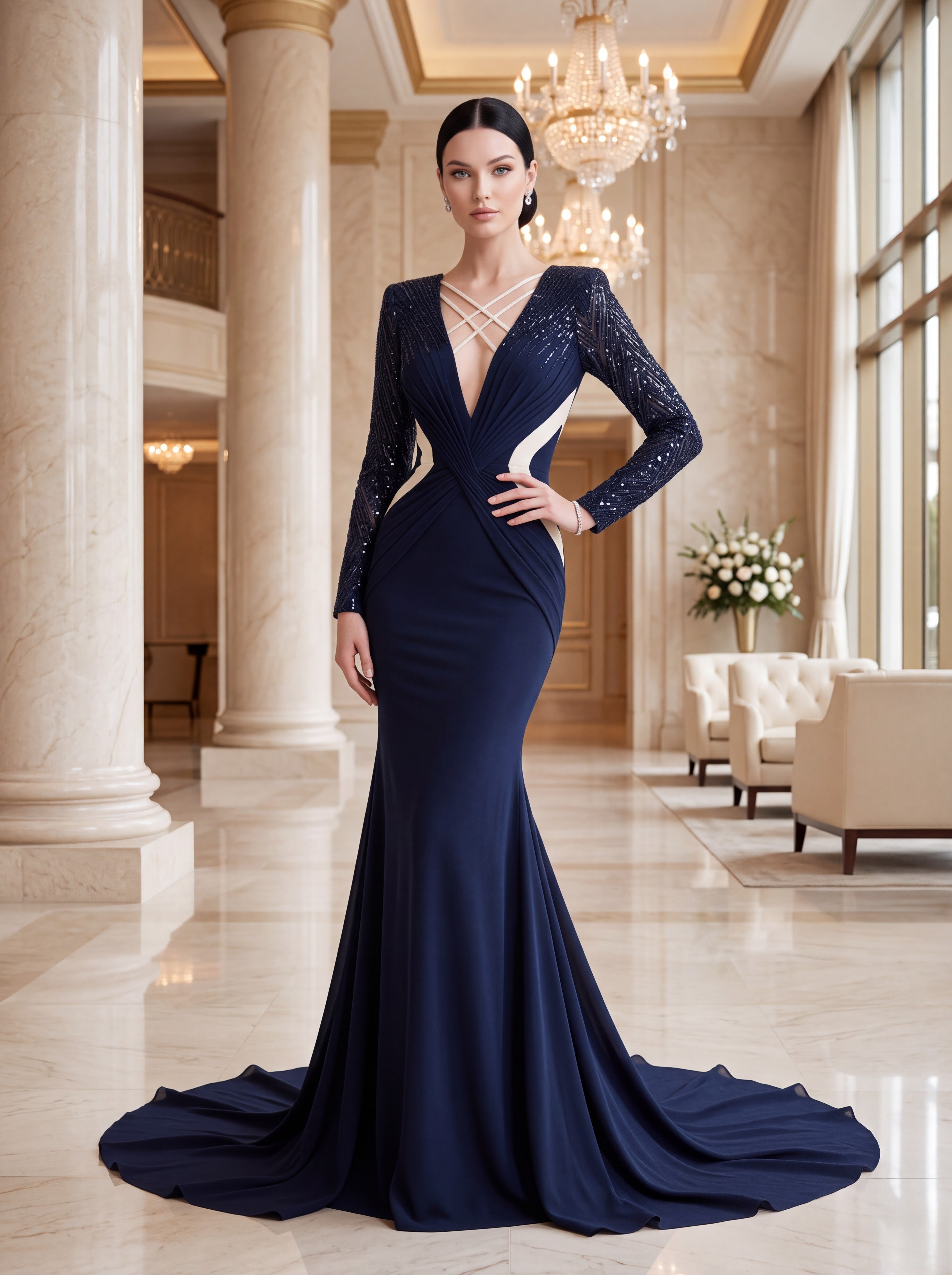 Navy Blue Long Sleeve Mermaid Evening Gown