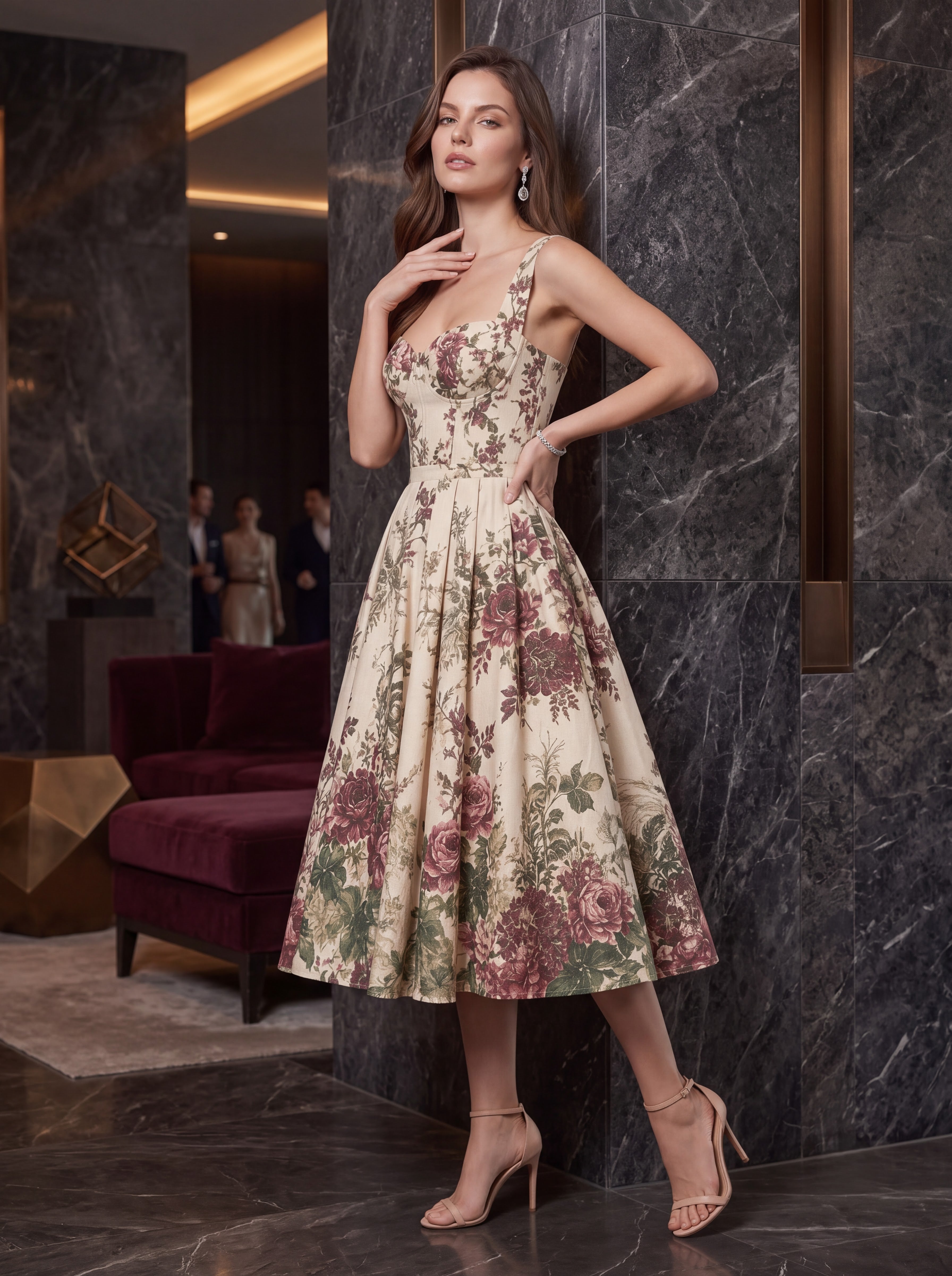 Vintage Floral Sweetheart Midi Dress