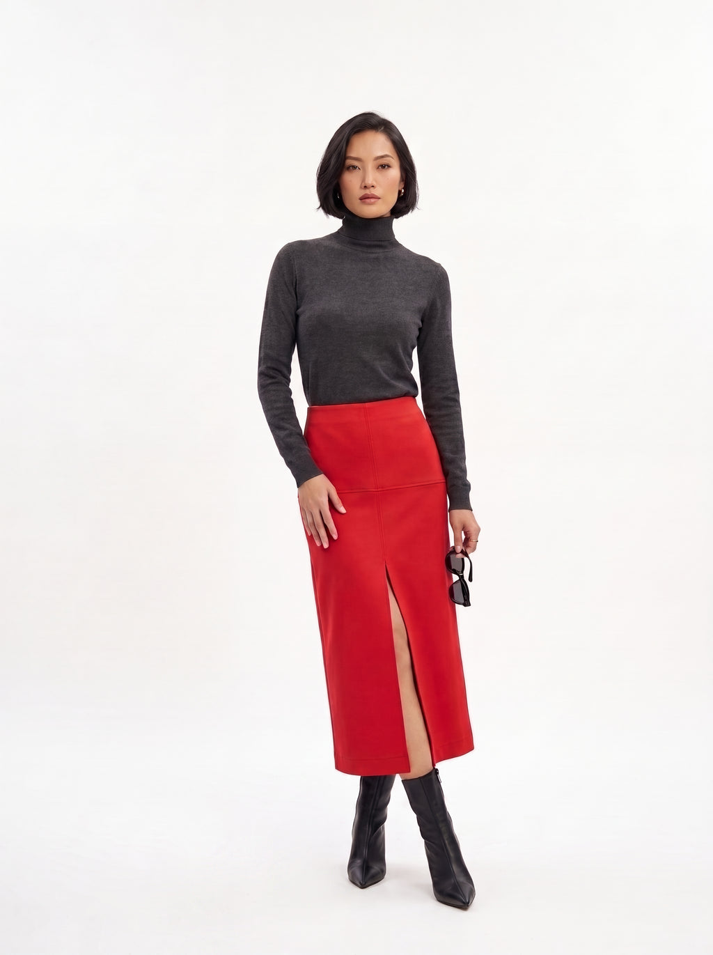 Women's Red Front Slit Midi Pencil Skirt