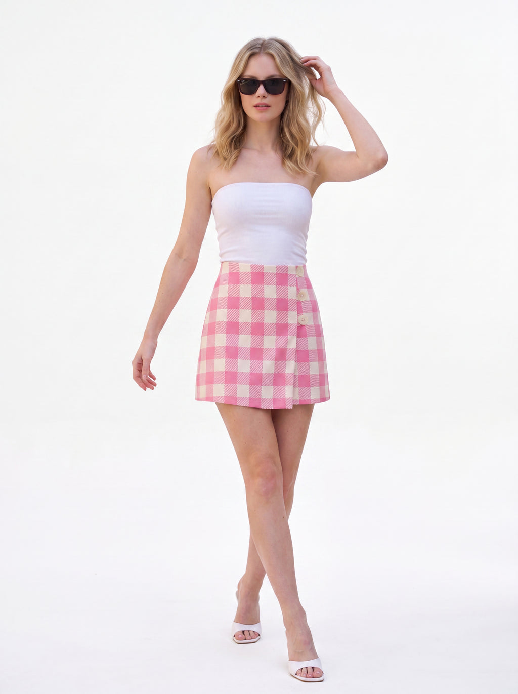 Women's Pink Gingham Mini Skirt | Premium European High-Waisted A-Line Skirt