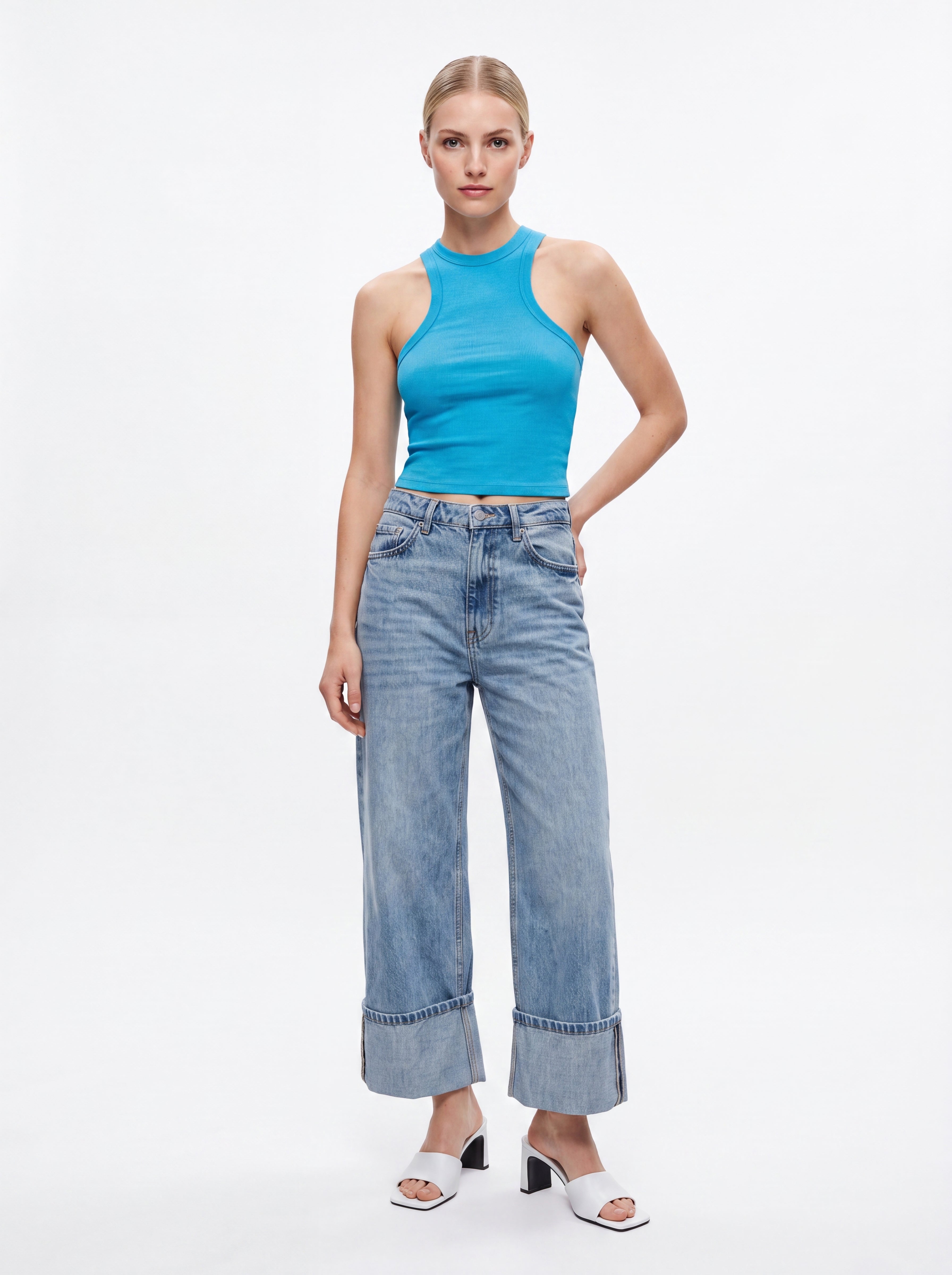 Women's Sky Blue High Neck Racerback Crop Tank Top – Premium European Minimalist Essential