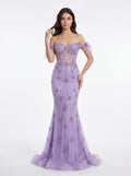 Lavender Embellished Off-Shoulder Mermaid Evening Gown