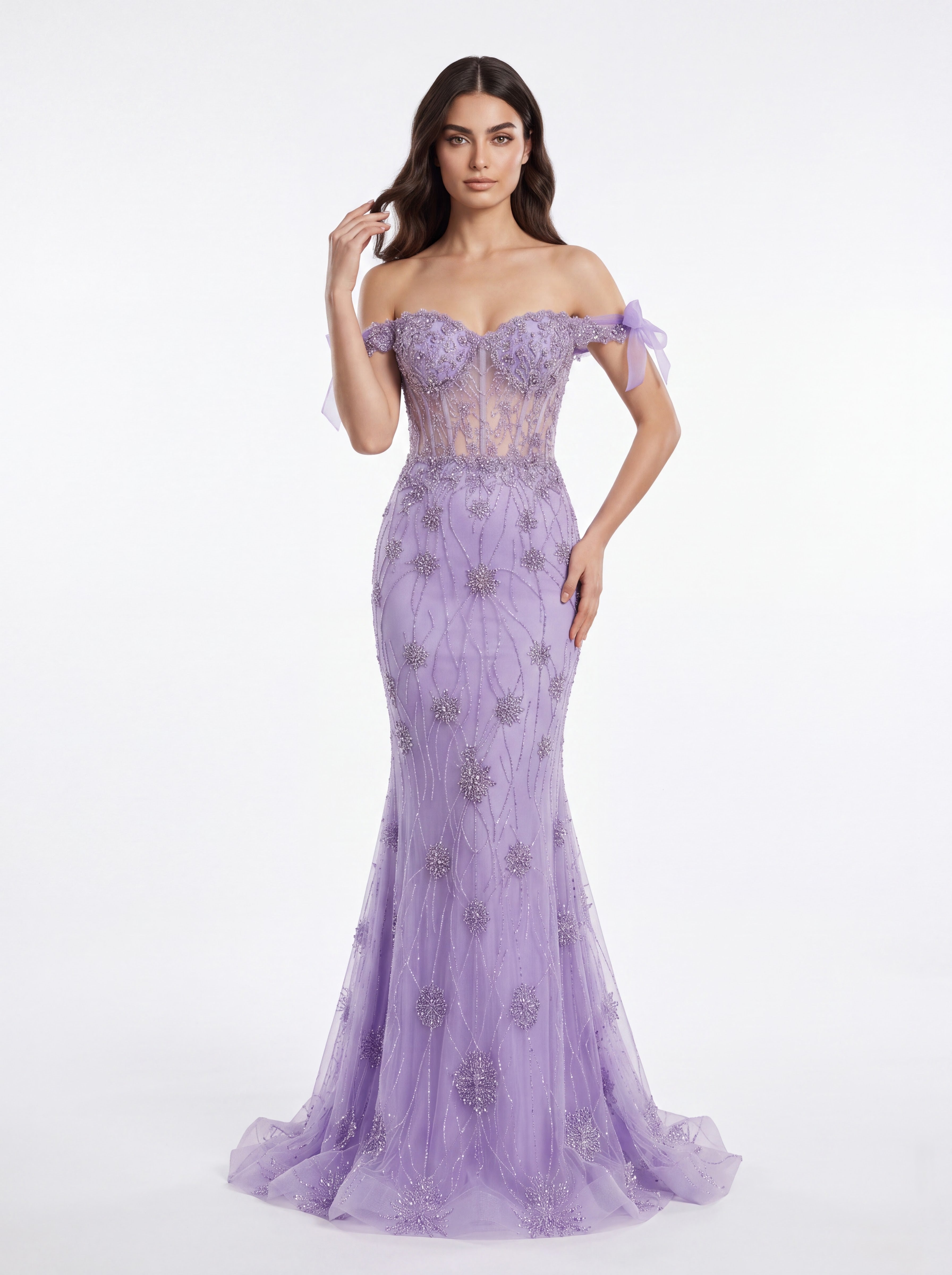 Lavender Embellished Off-Shoulder Mermaid Evening Gown