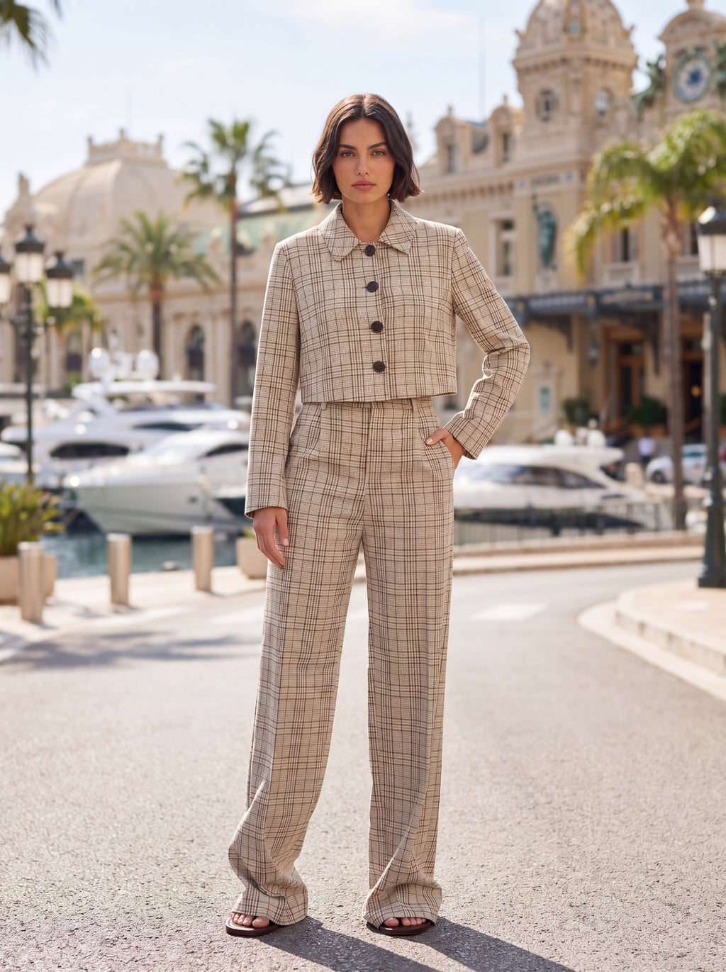 Women's Beige Plaid High-Waisted Wide-Leg Tailored Trousers – Premium European Check Formal Pants