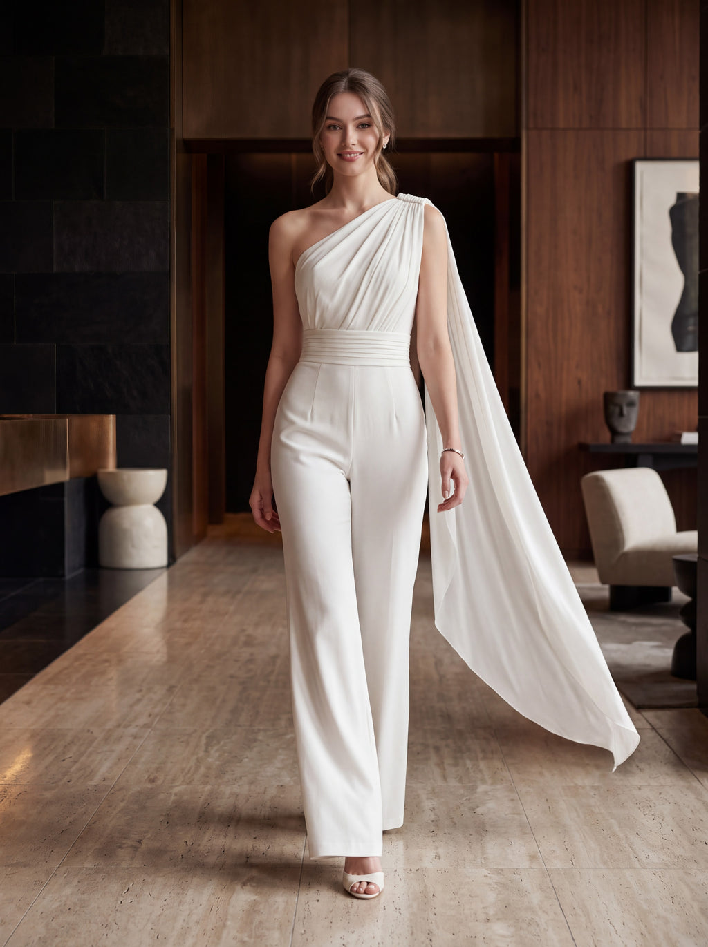 Ivory One-Shoulder Cape Jumpsuit