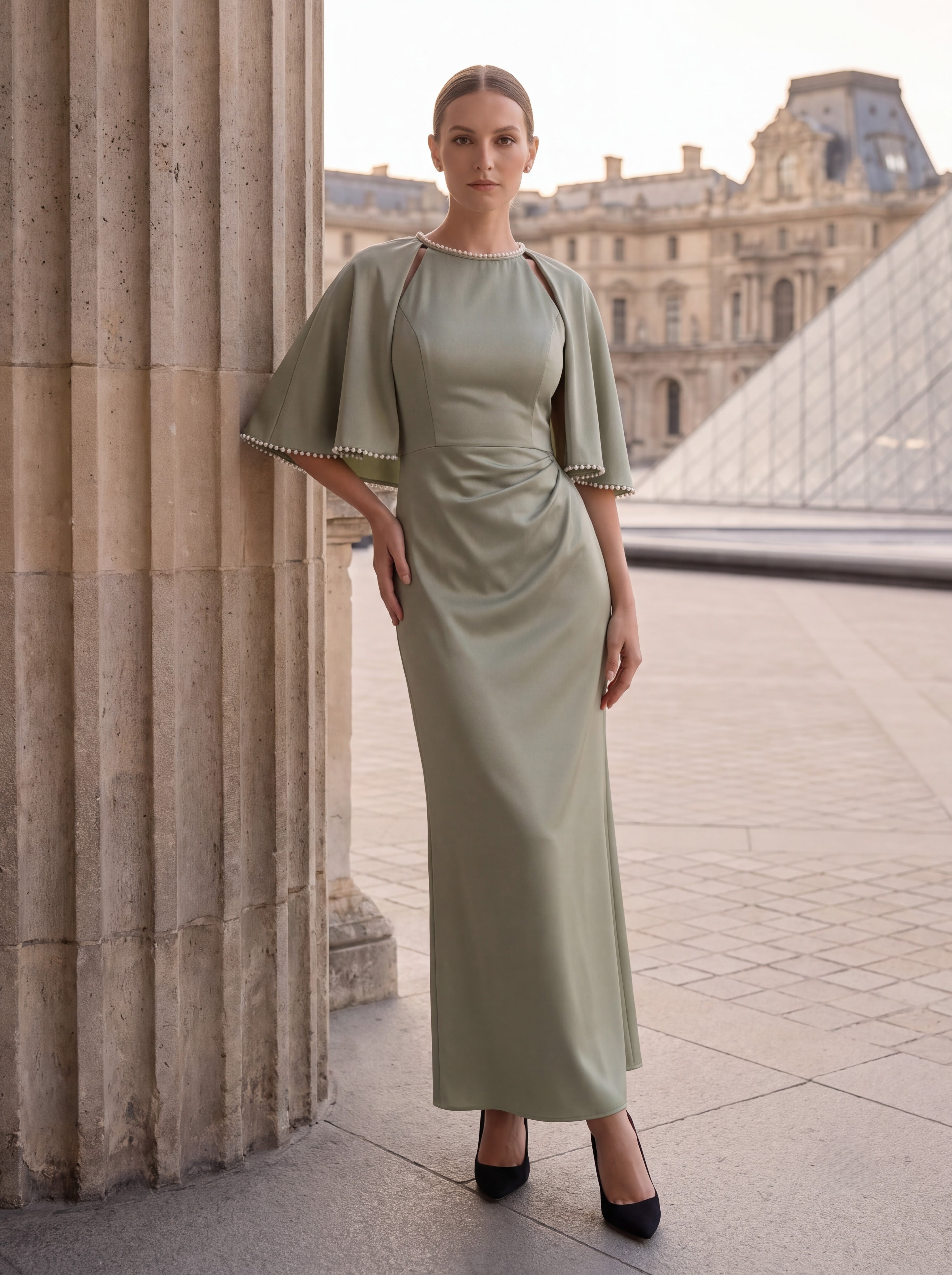 Sage Green Cape Sleeve Evening Gown