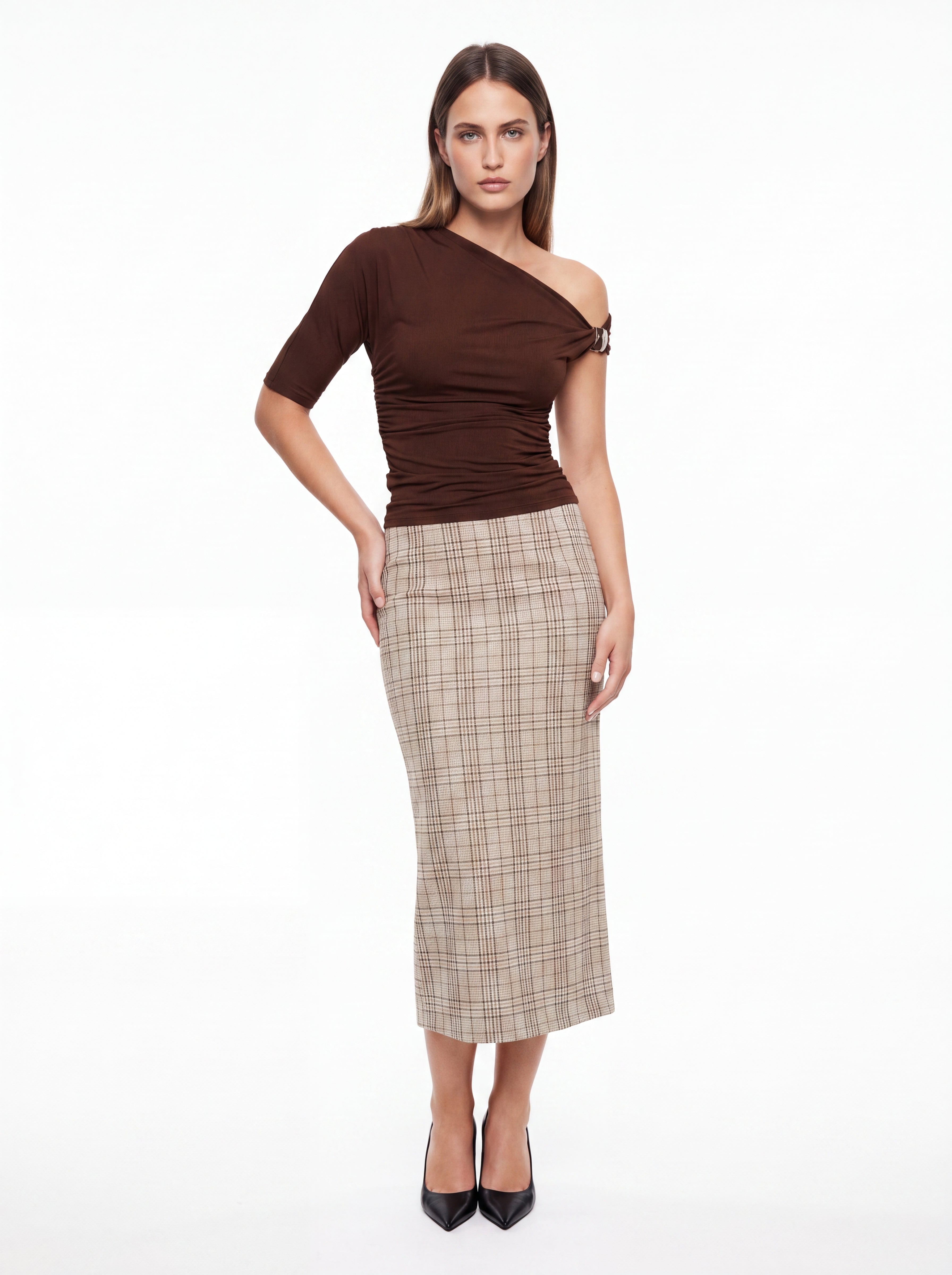 Women's Checked Pair Collection | Premium European Women's One-Shoulder Top & Midi Skirt Pair