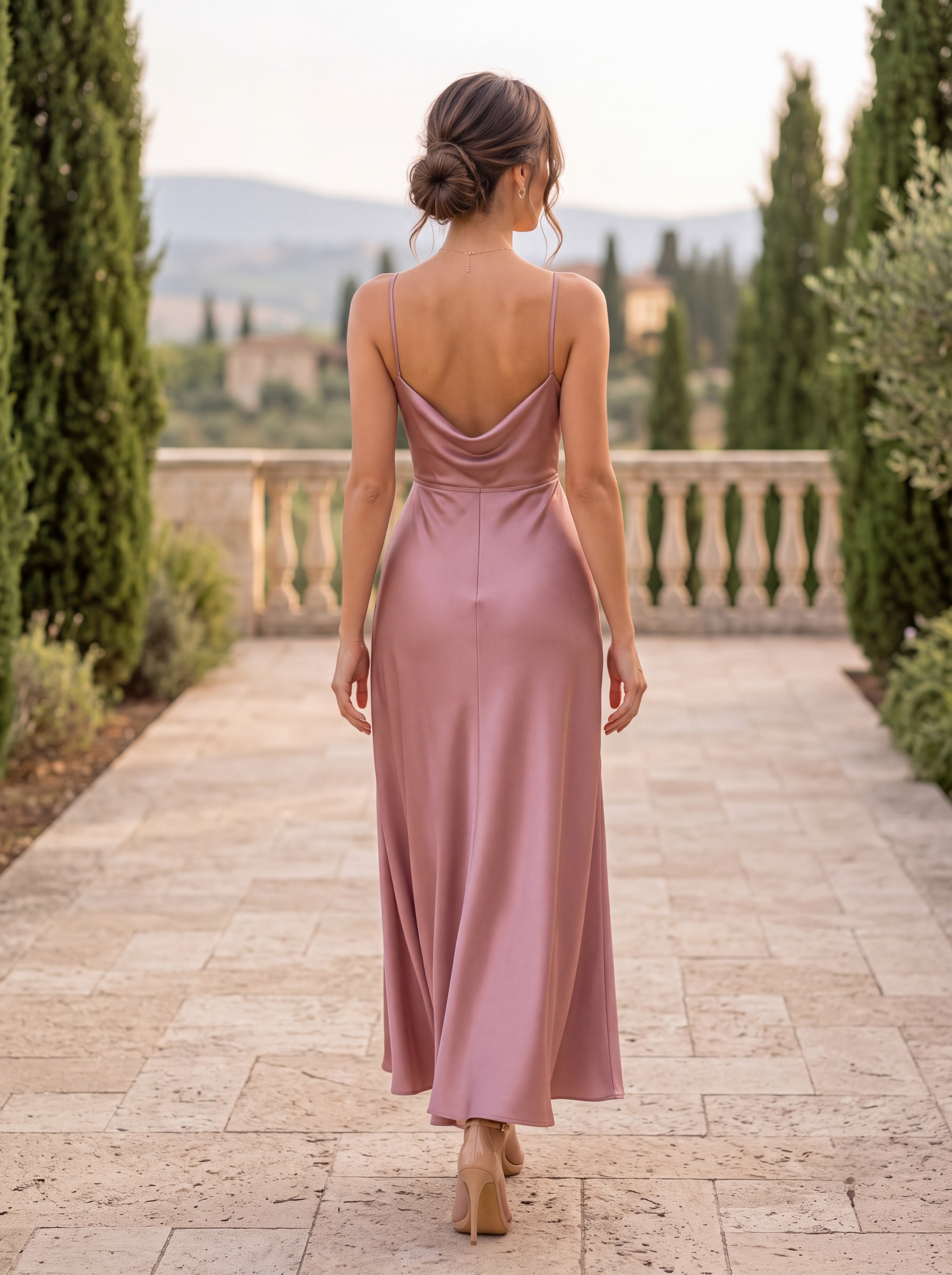 Dusty Rose Satin Slip Midi Dres