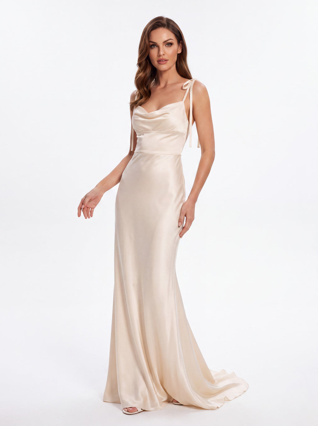 Champagne Satin Cowl Neck Maxi Dress