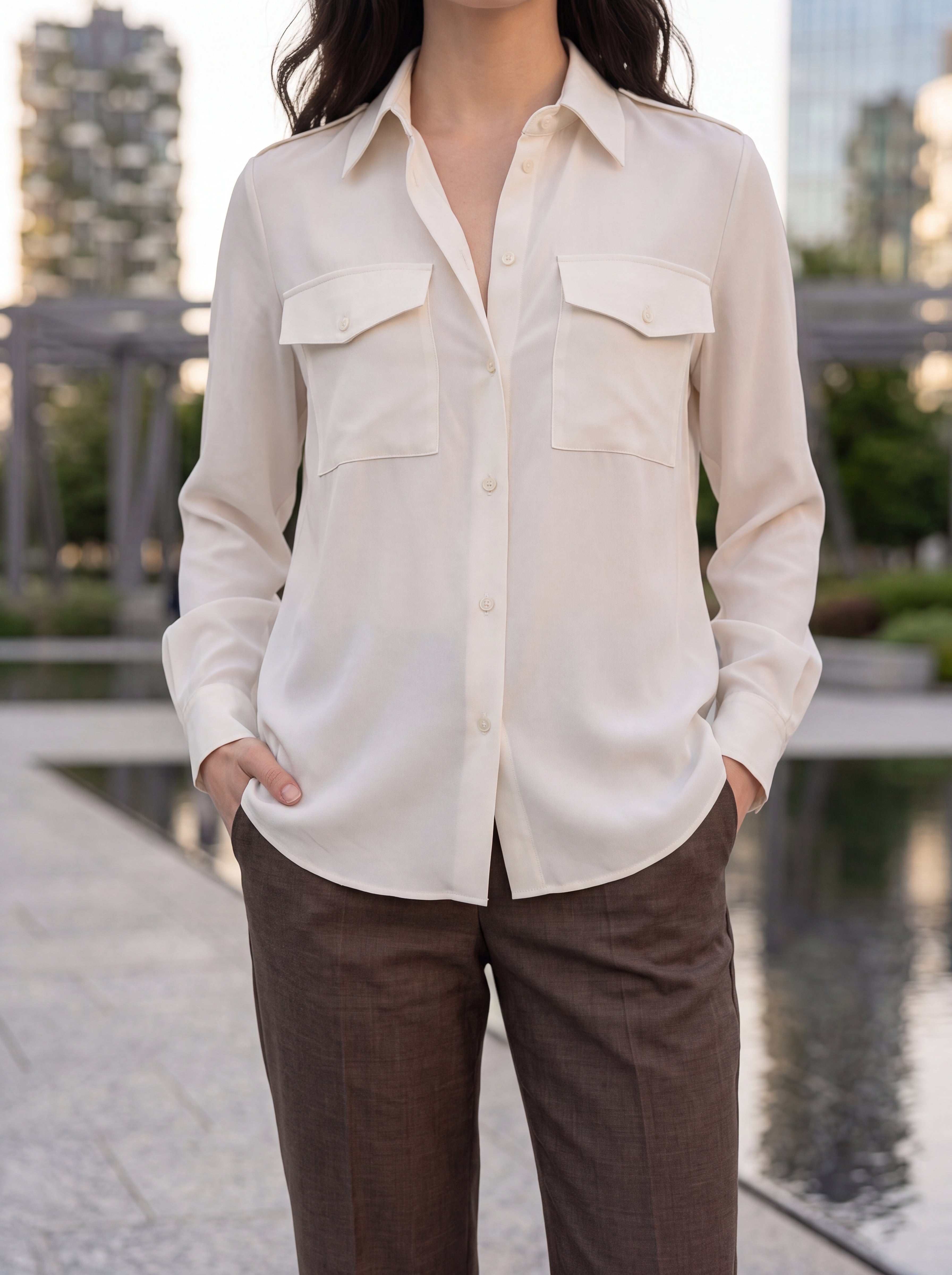 Women's Ivory Silk Button-Down Shirt | Premium European Long Sleeve Office Blouse