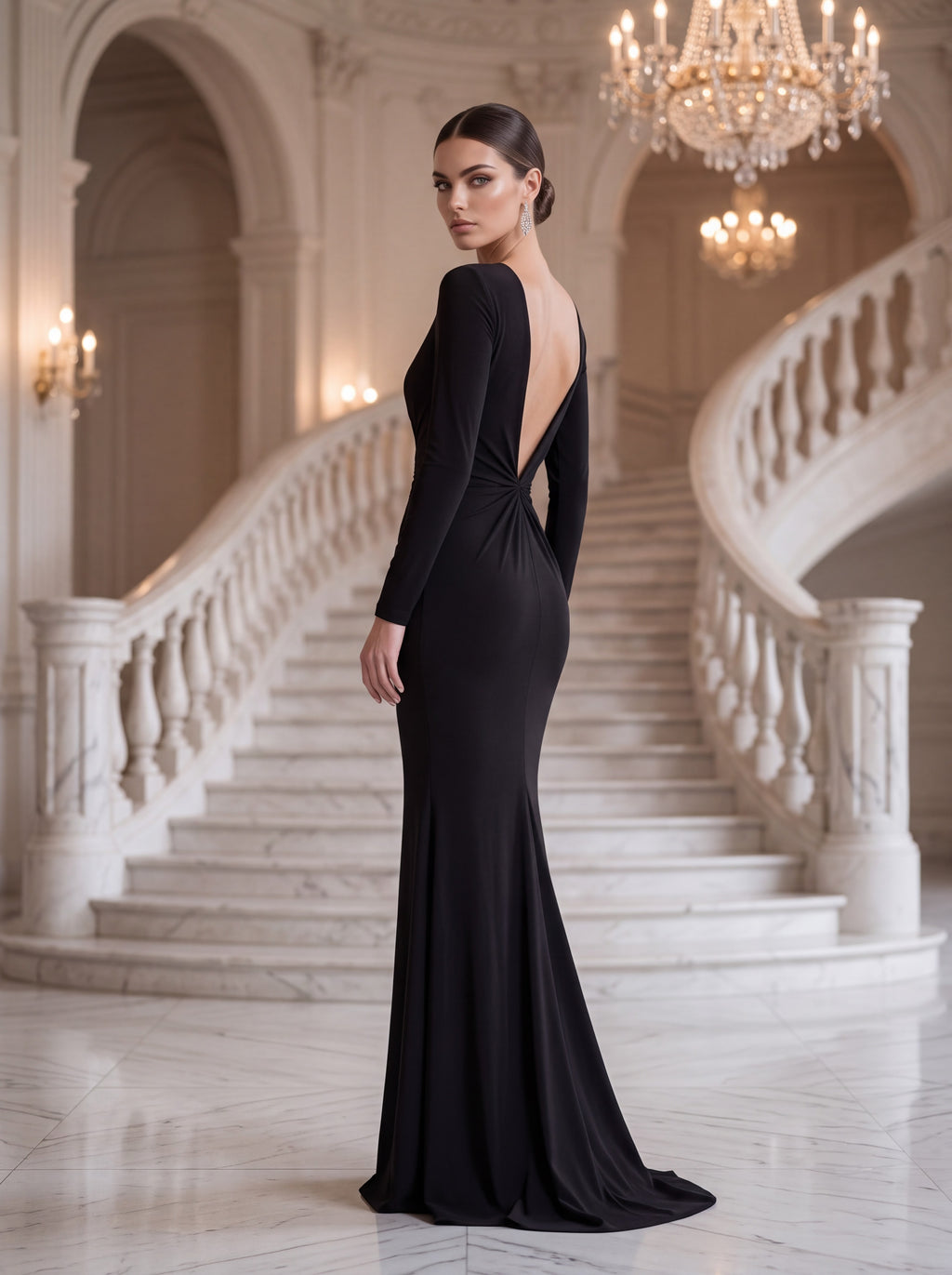 Black Open Back Long Sleeve Evening Gown