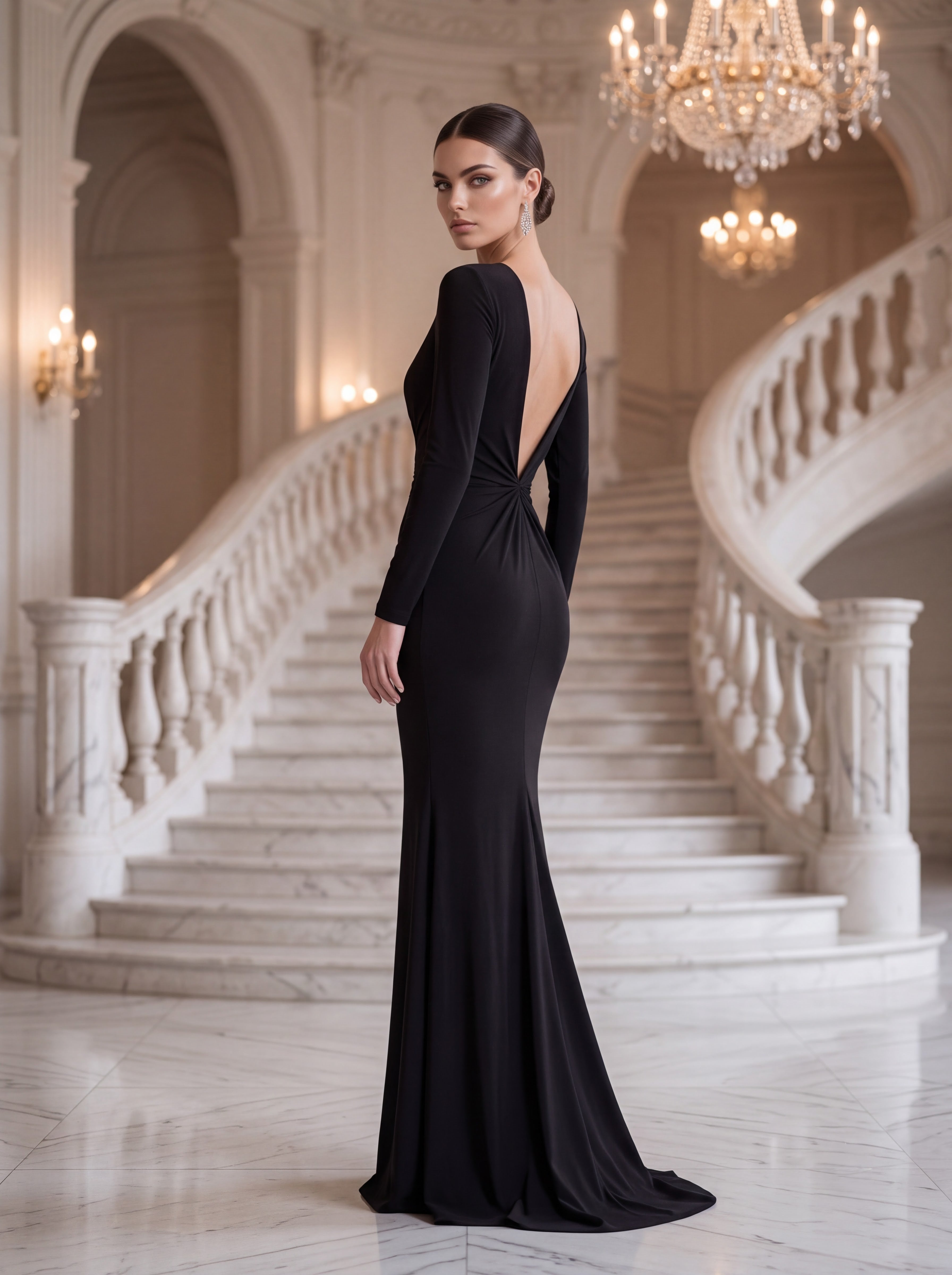Black Open Back Long Sleeve Evening Gown