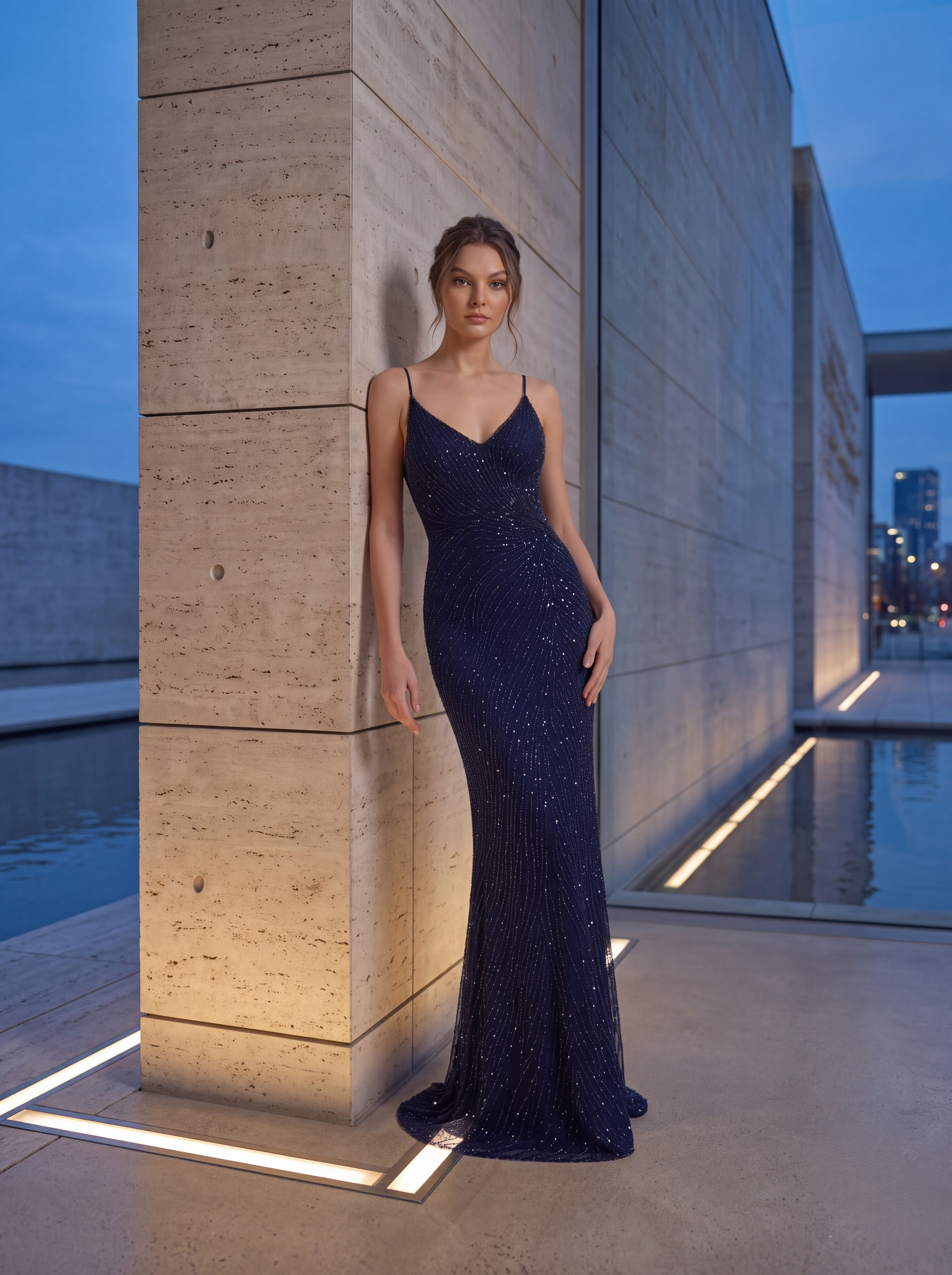 Midnight Blue Embellished Mermaid Evening Gown