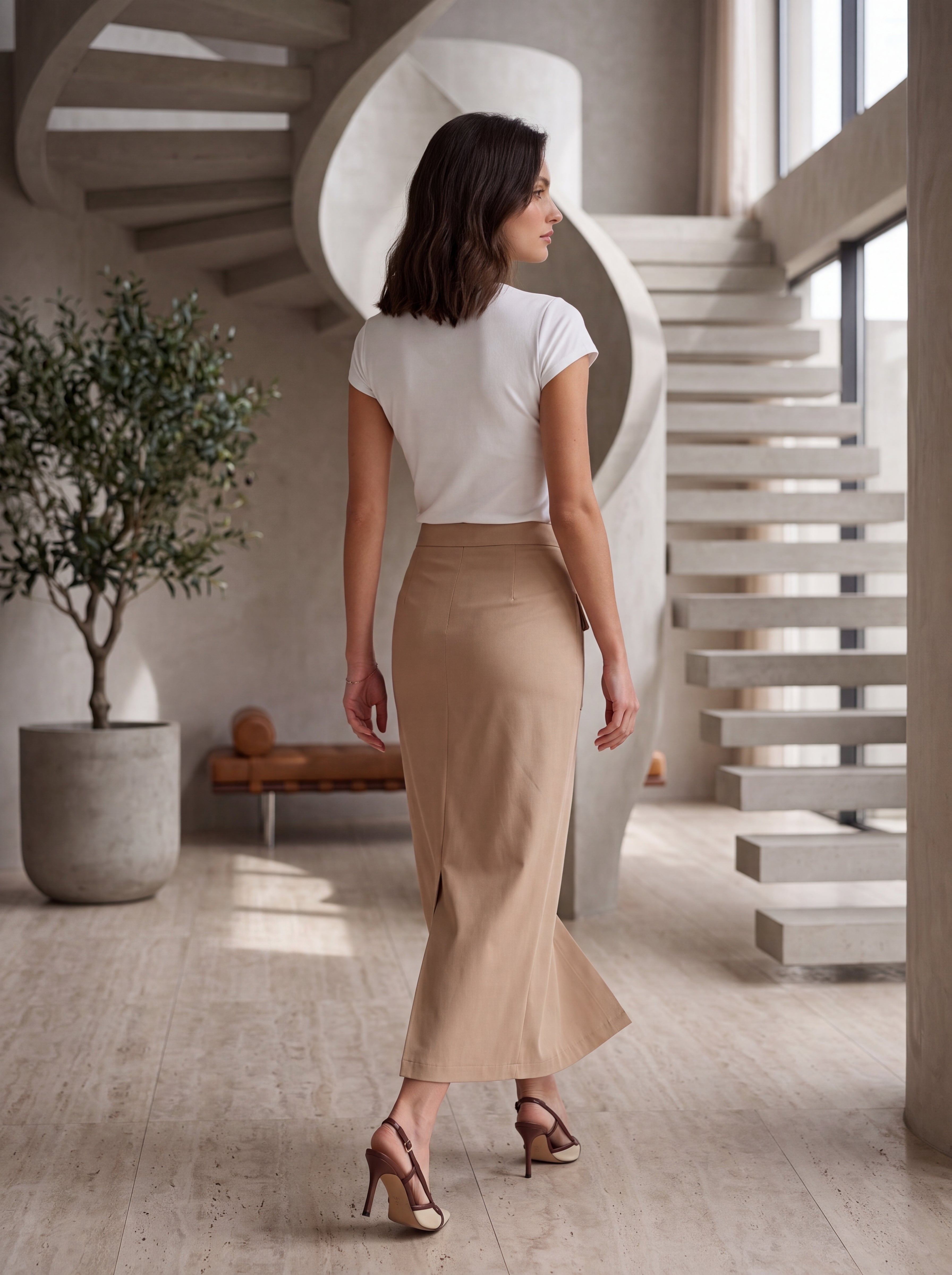 Women's Beige Utility Midi Skirt | Premium European High-Waisted Cargo Skirt