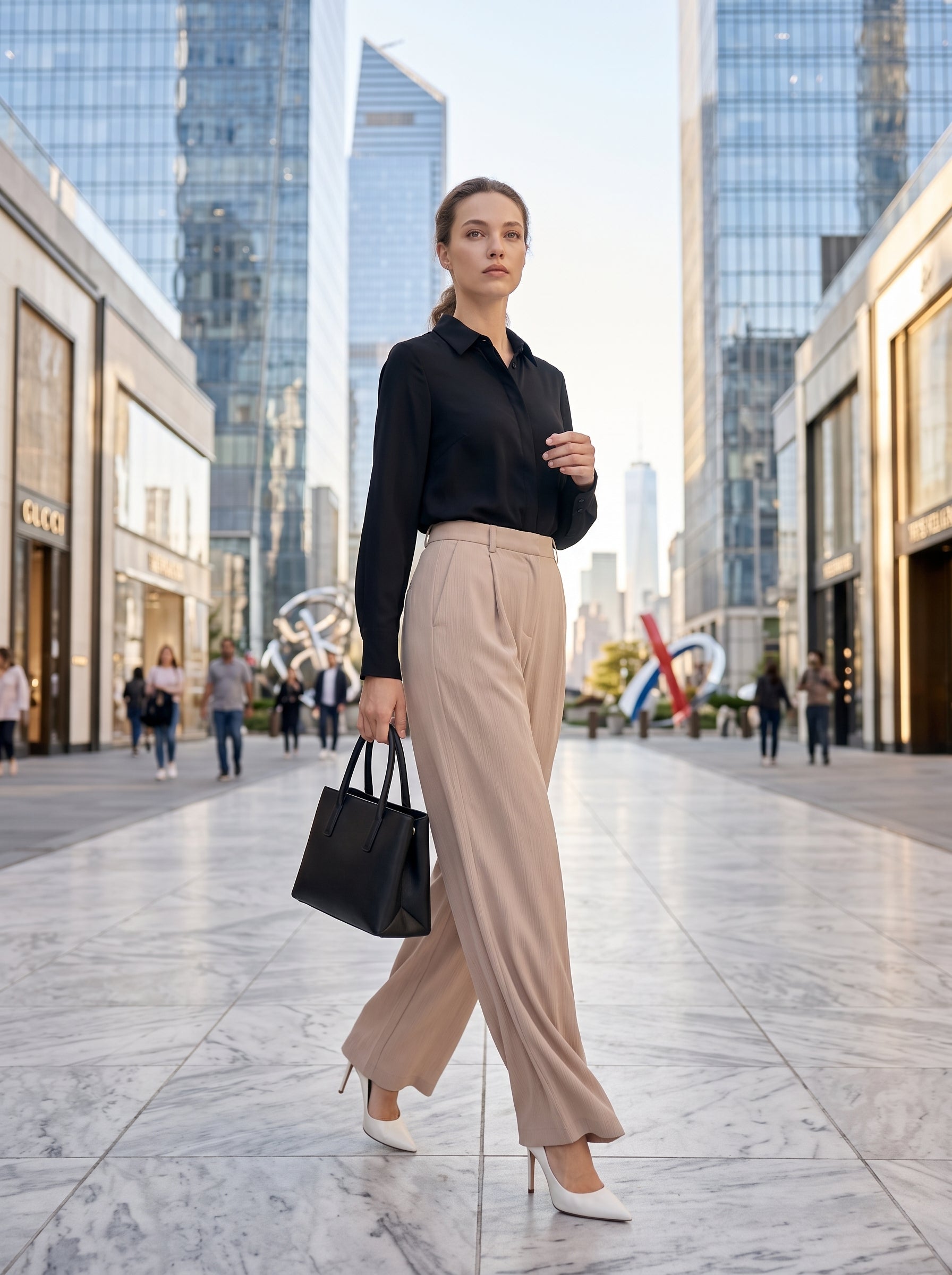 Women's Beige High-Waisted Wide Leg Tailored Trousers – Premium European Office Wear