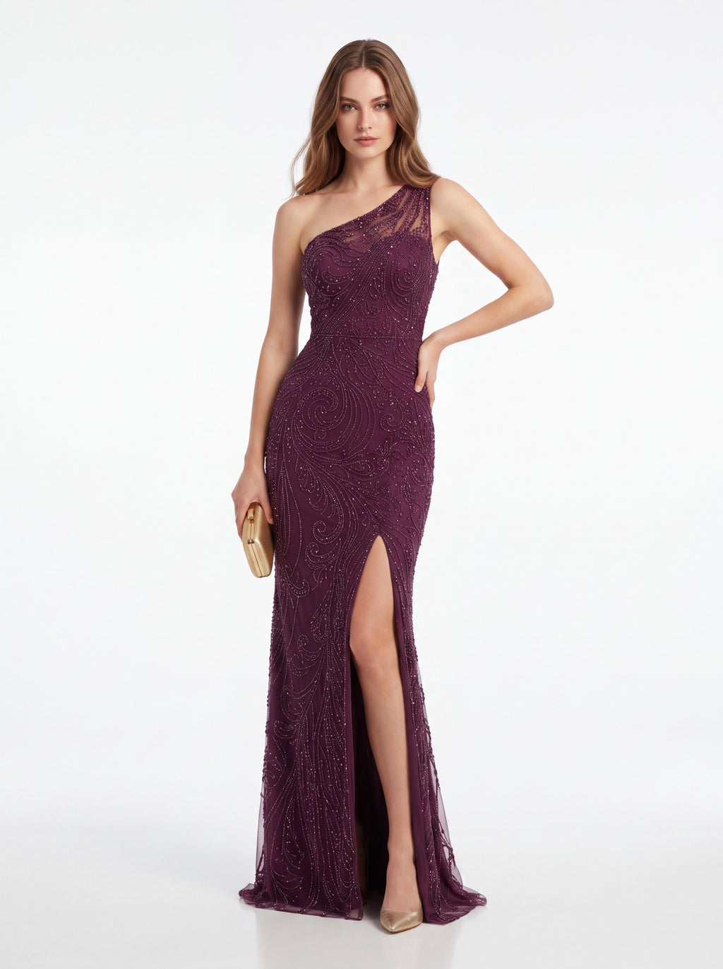 Plum One-Shoulder Embellished Evening Gown