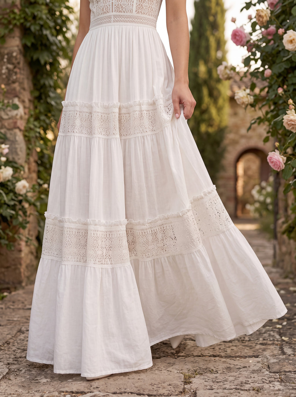 White Lace Tiered Maxi Dress