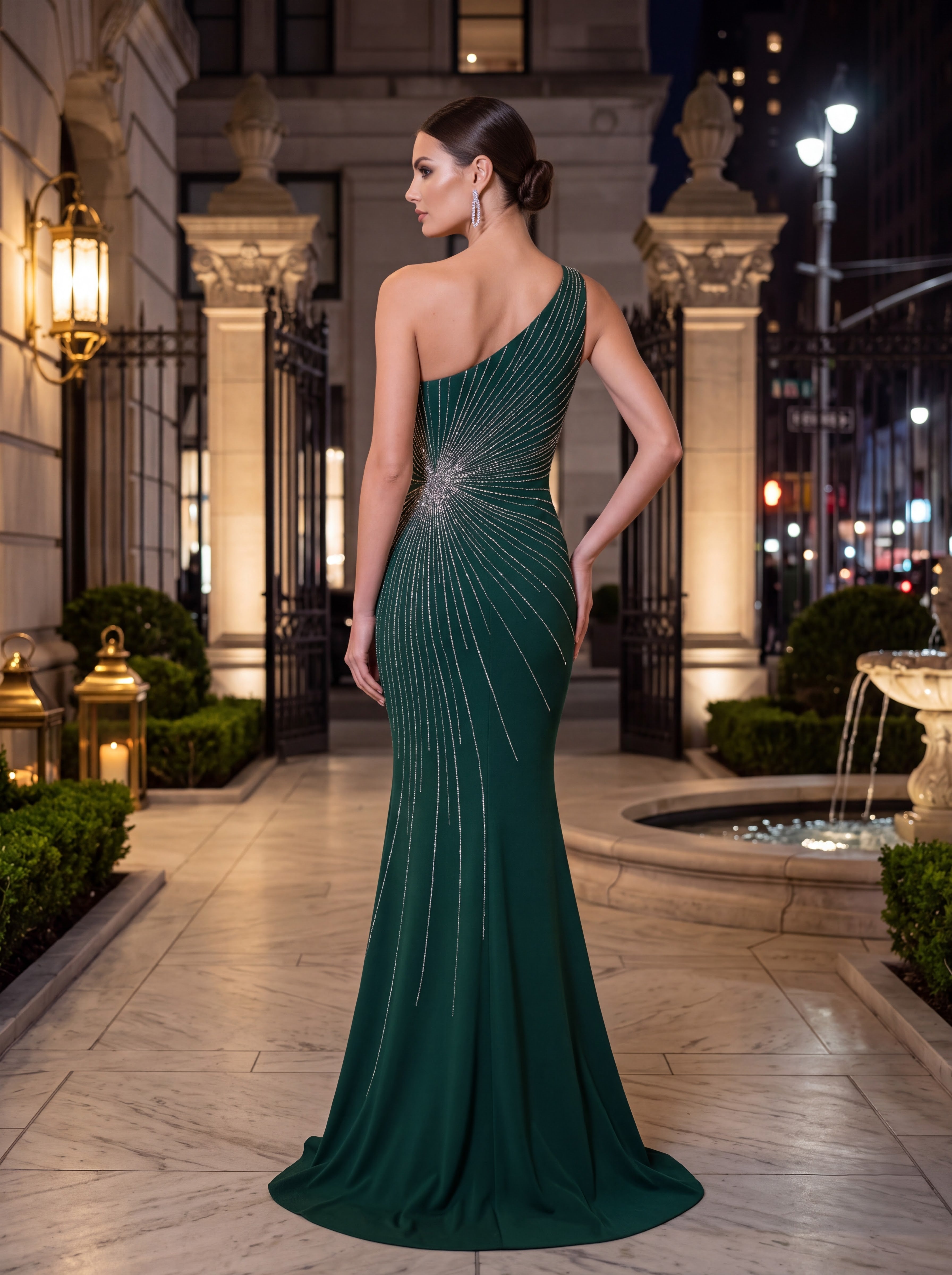 Emerald Green One Shoulder Embellished Evening Gown