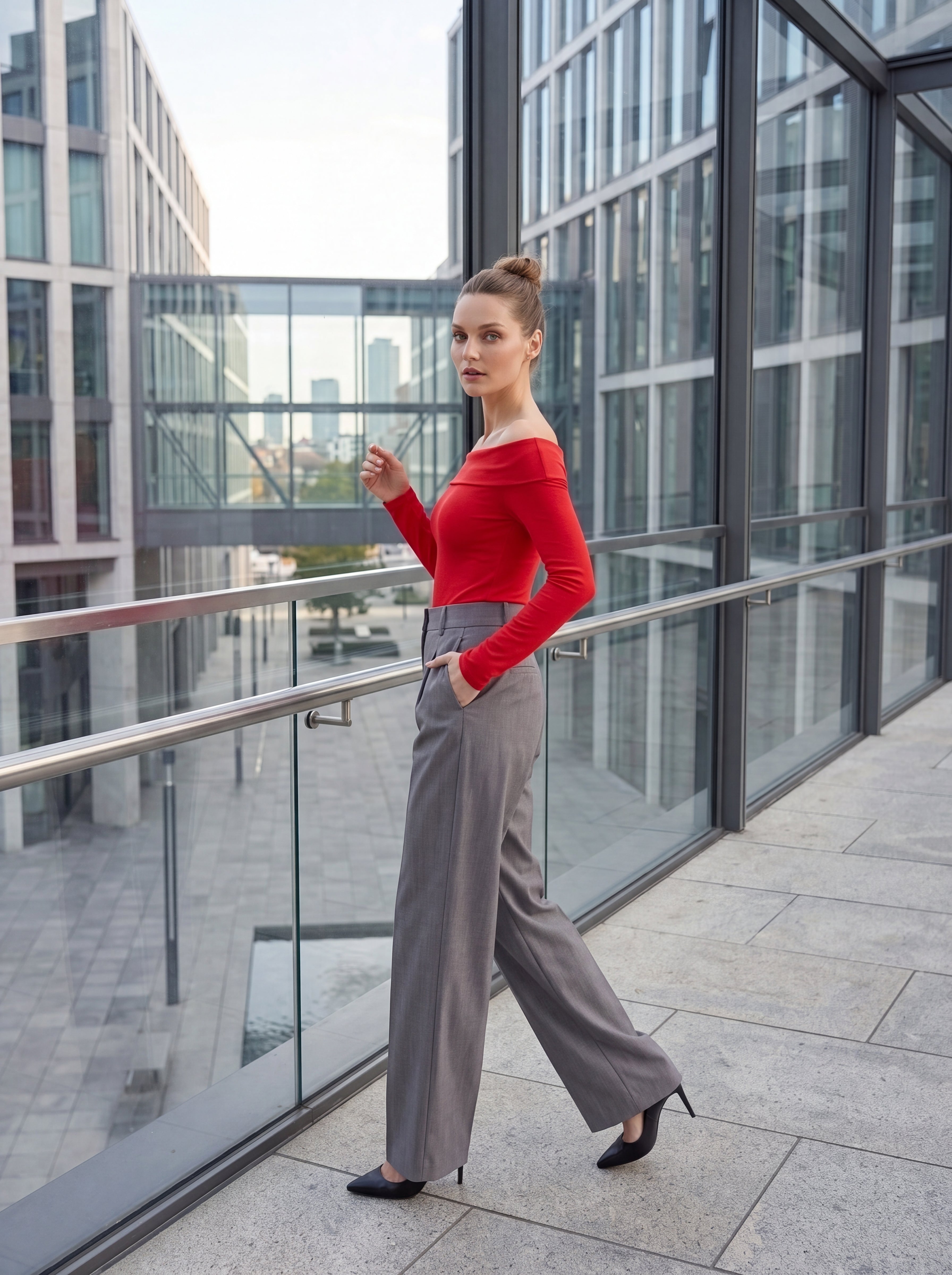 Women's Red Off-Shoulder Long Sleeve Knit Top – Elegant European Fitted Top