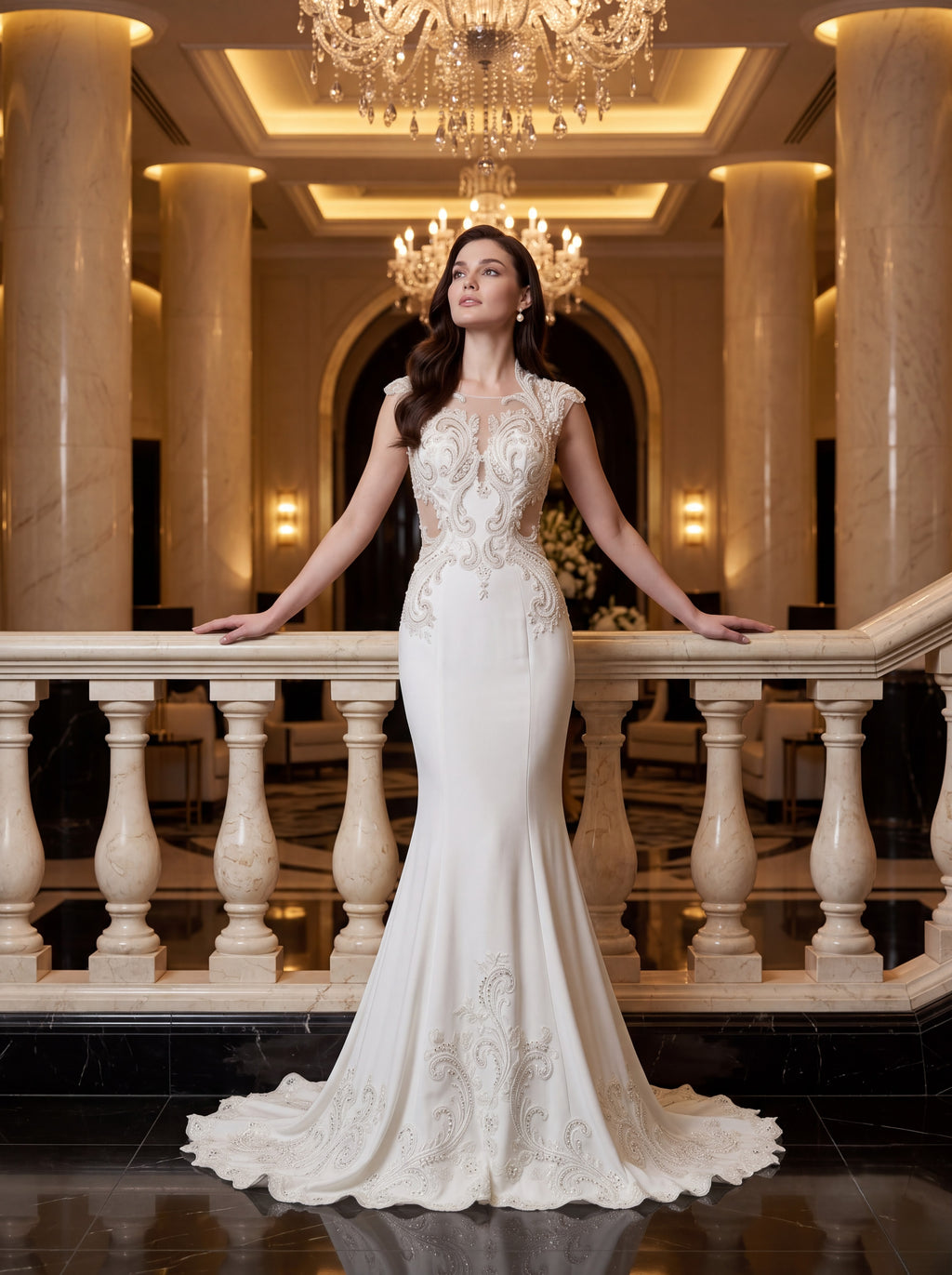 Ivory Embroidered Mermaid Evening Gown