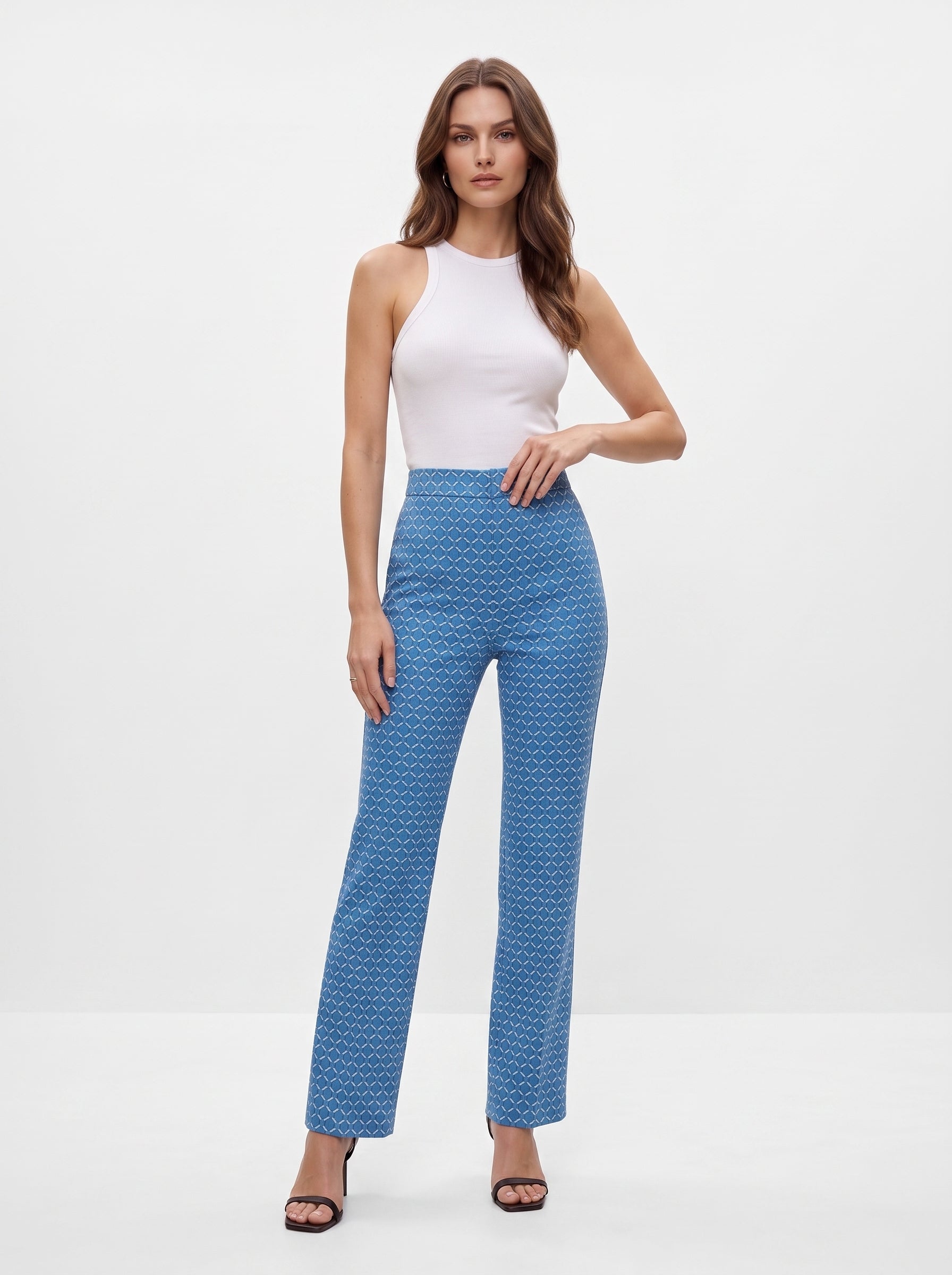 Women's Sky Blue Geometric High-Waisted Straight-Leg Trousers – Premium European Printed Formal Pants