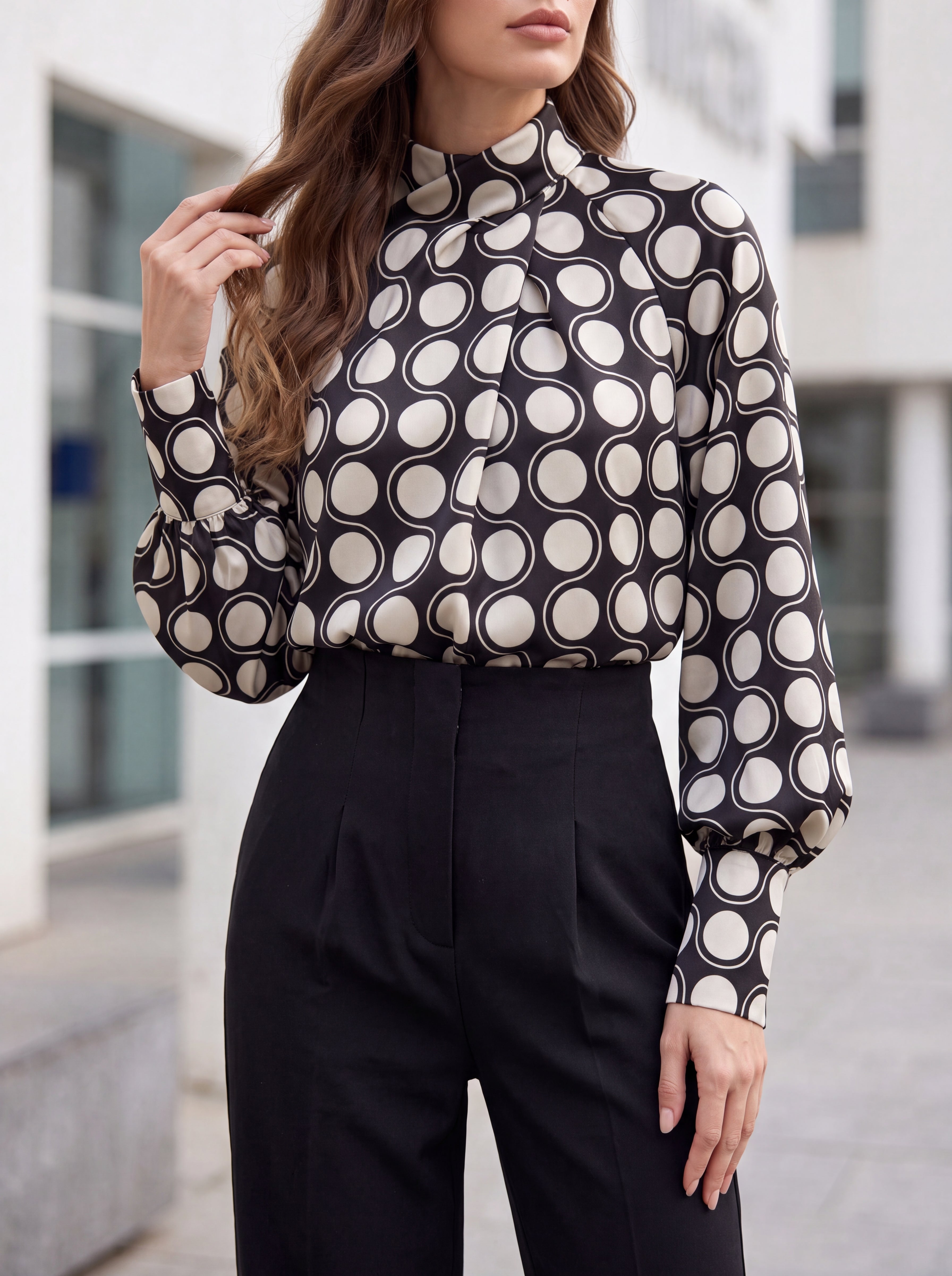 Women's Black & Beige Polka Dot High Neck Blouse | Premium Printed Long Sleeve Top