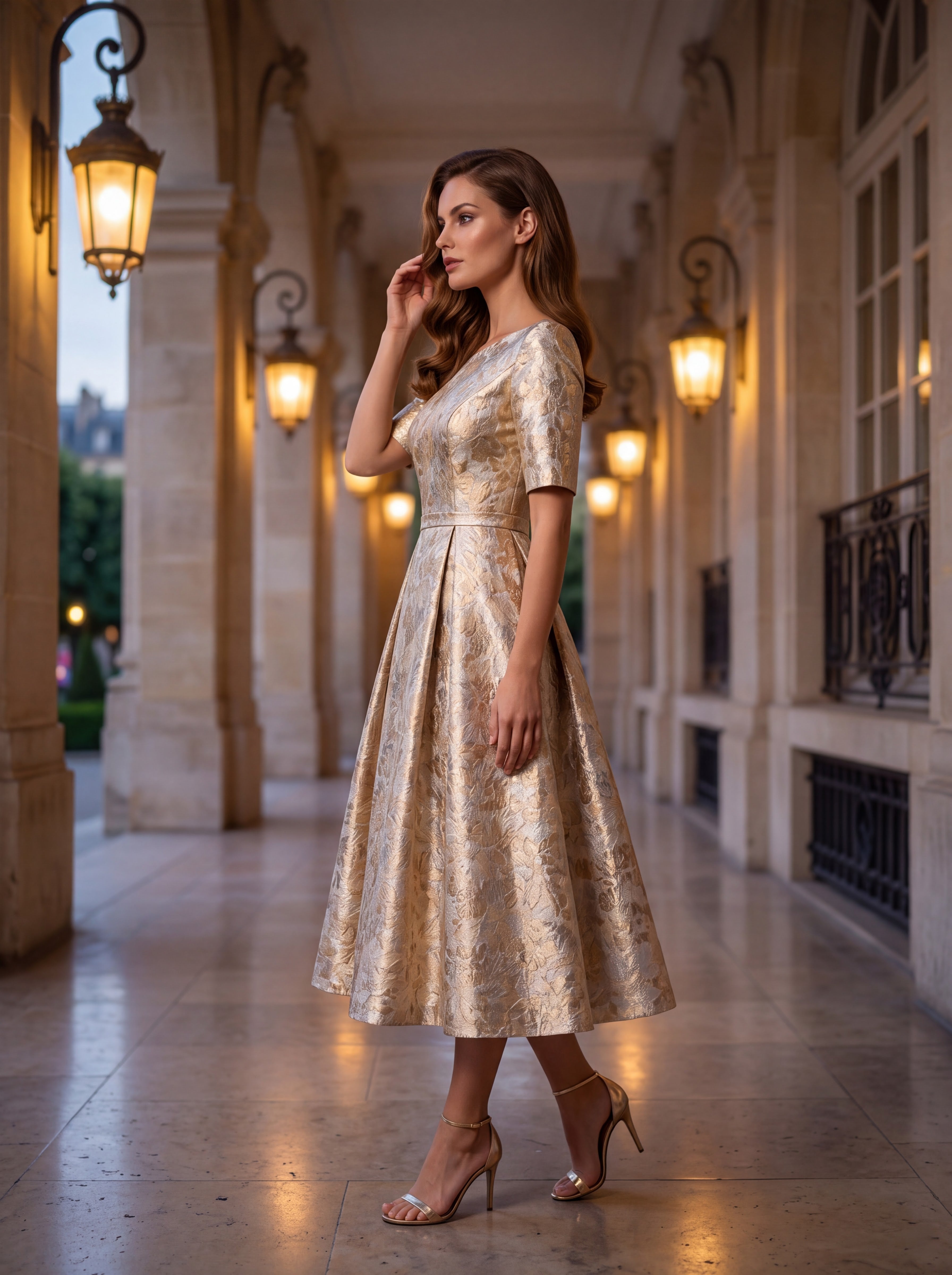 Champagne Floral Jacquard Midi Dress